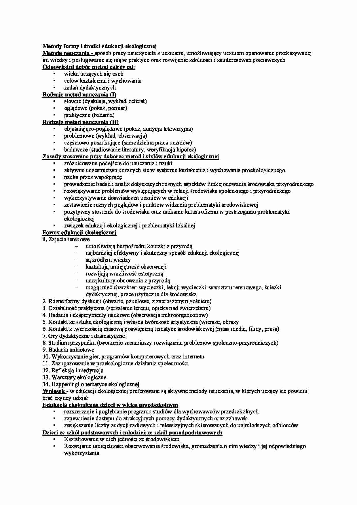 Metody formy i środki edukacji ekologicznej - omówienie - strona 1