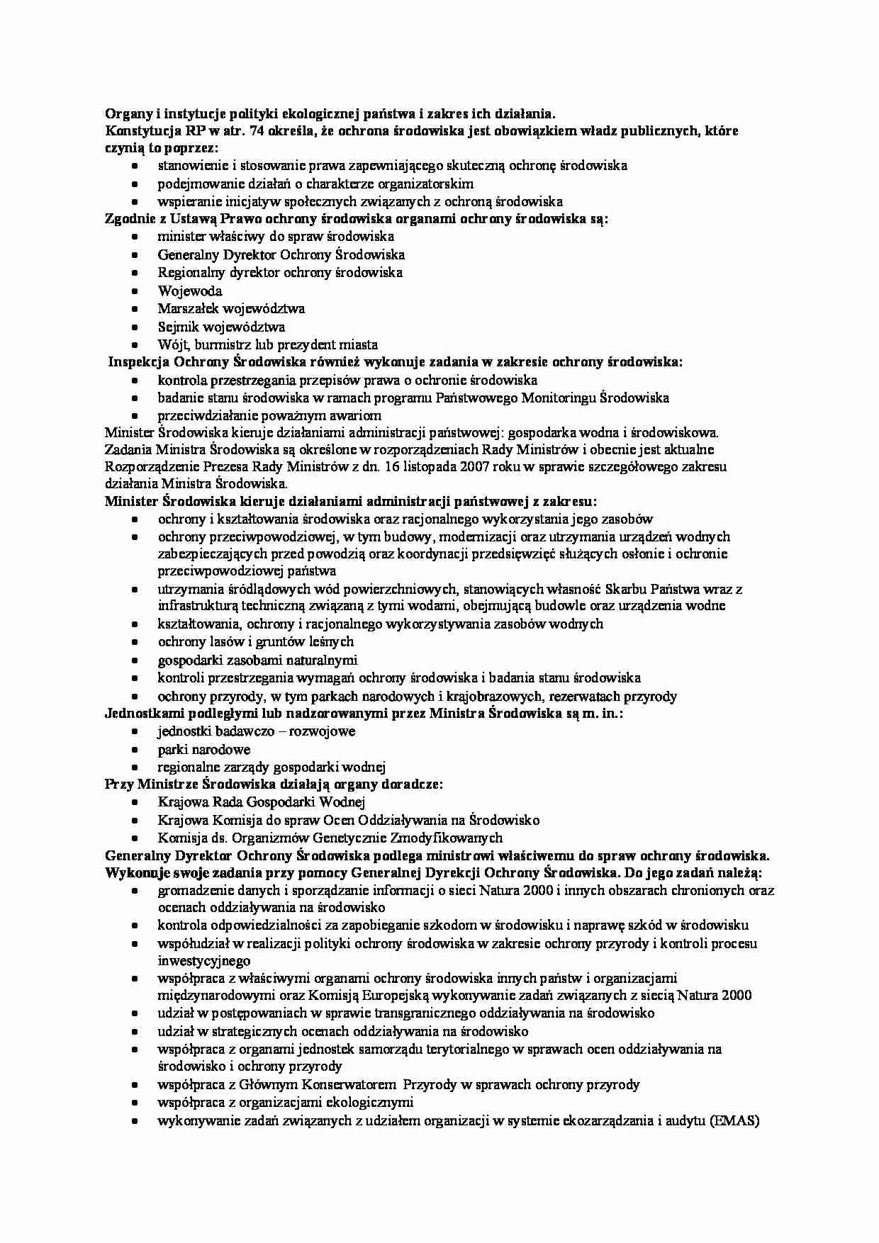 Organy i instytucje polityki ekologicznej państwa i zakres ich działania - omówienie - strona 1