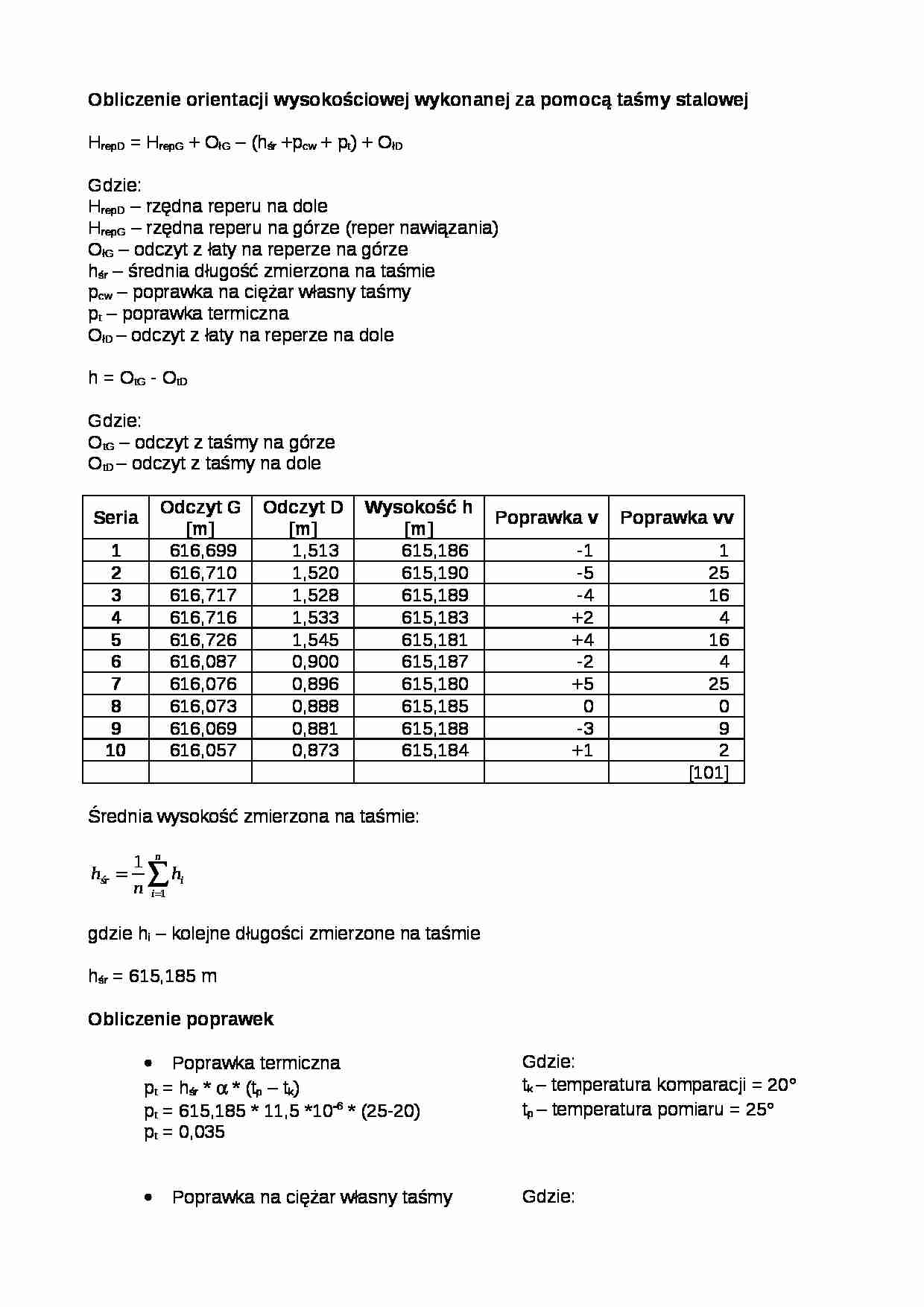 Obliczenie orientacji wysokościowej wykonanej za pomocą taśmy stalowej - omówienie - strona 1