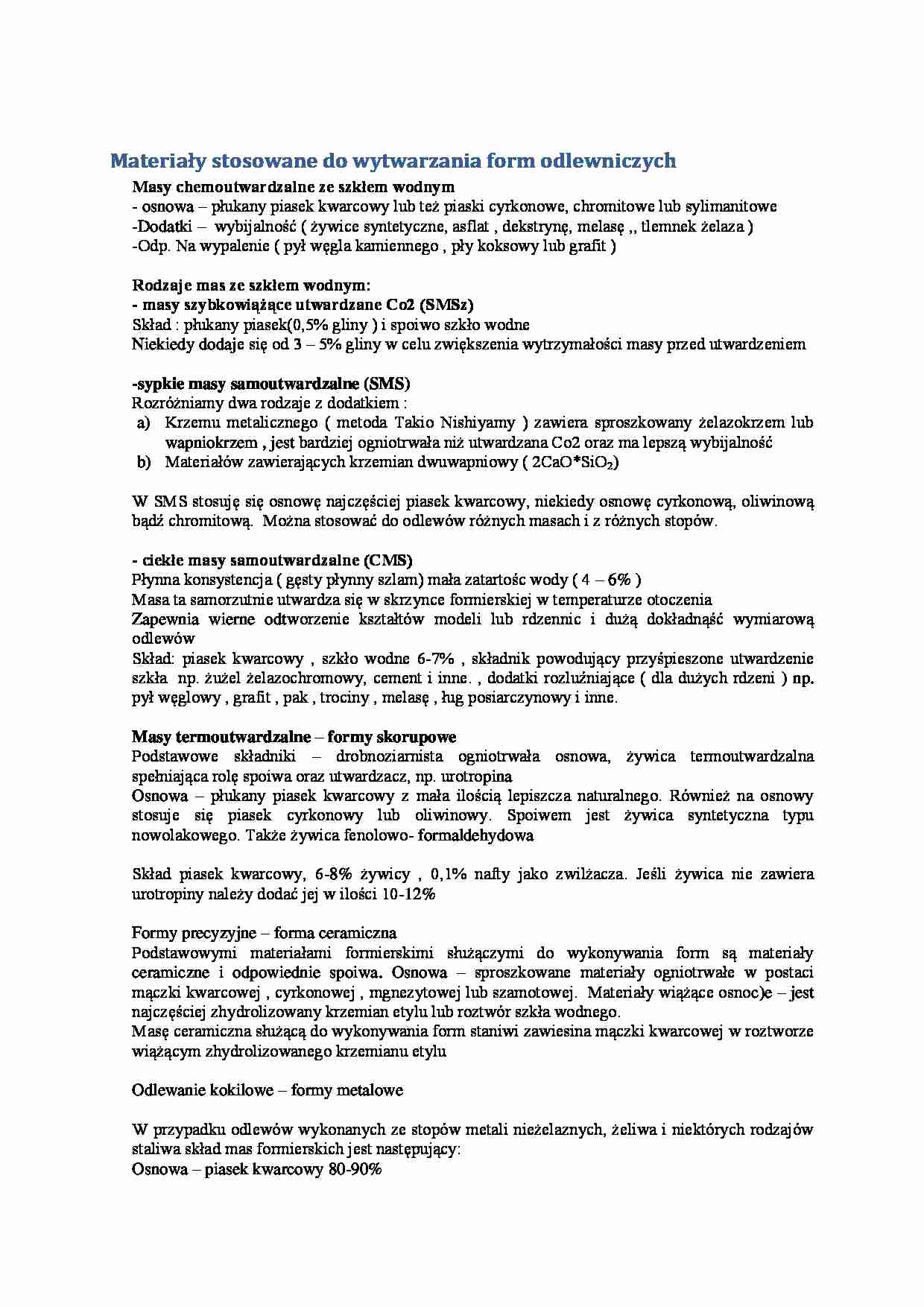 Materiały stosowane do wytwarzania form odlewniczych - omówienie - strona 1