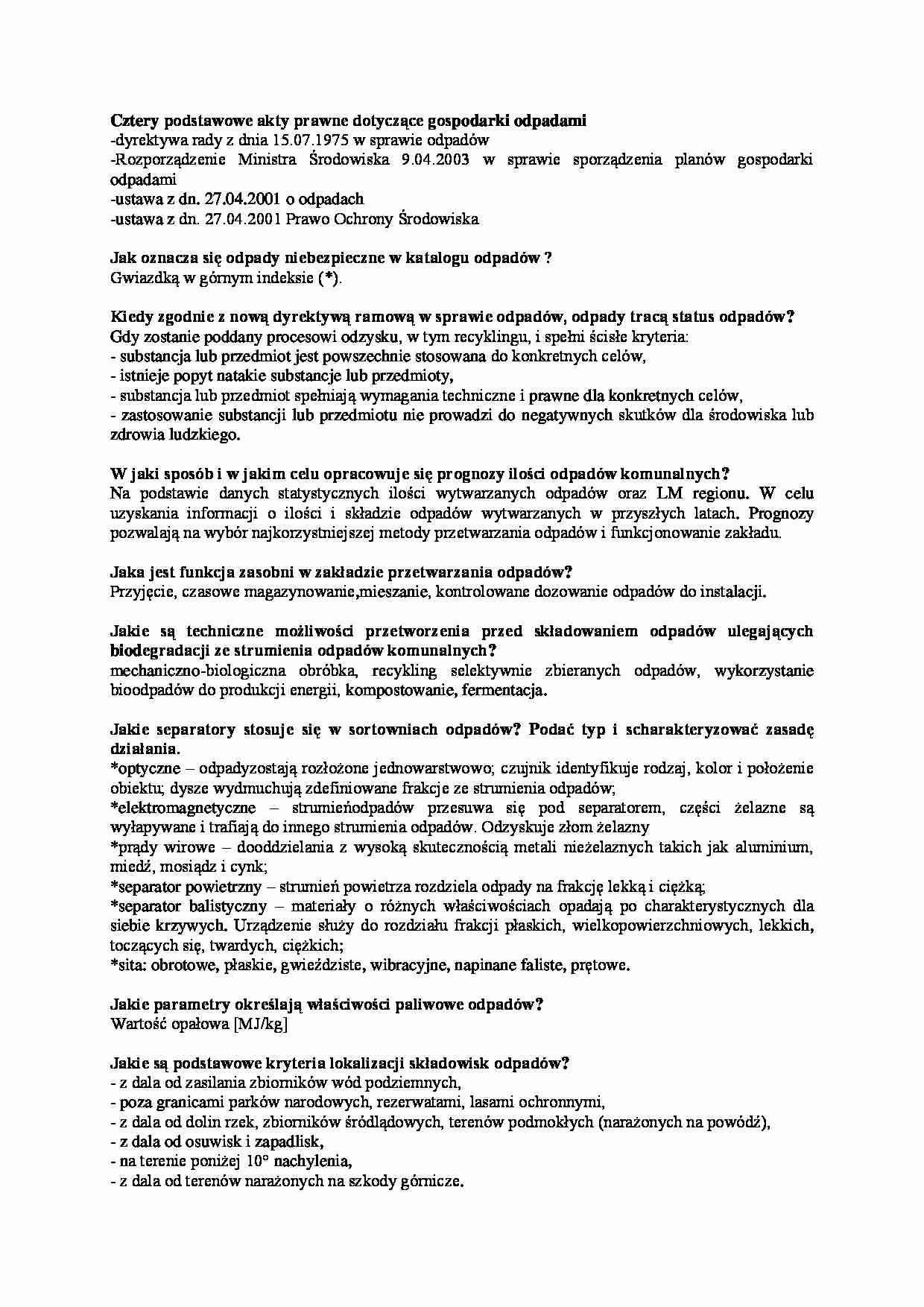 Gospodarka odpadami - opracowanie pytań  - strona 1