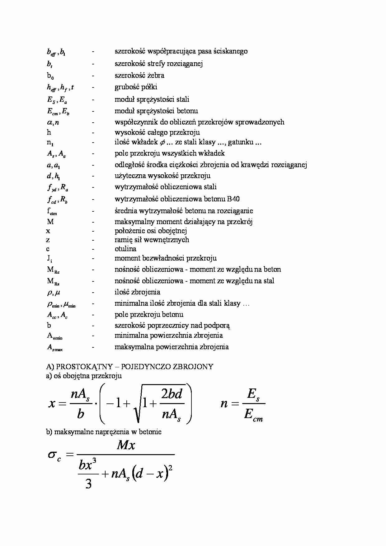 podstawy konstrukcji betonowych - wzory do wymiarowania - strona 1