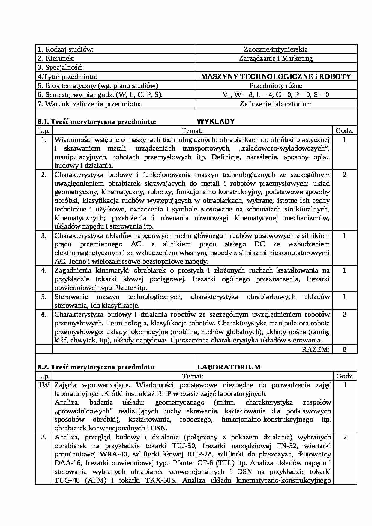Zakres wykładów MASZYNY TECHNOLOGICZNE i ROBOTY - strona 1