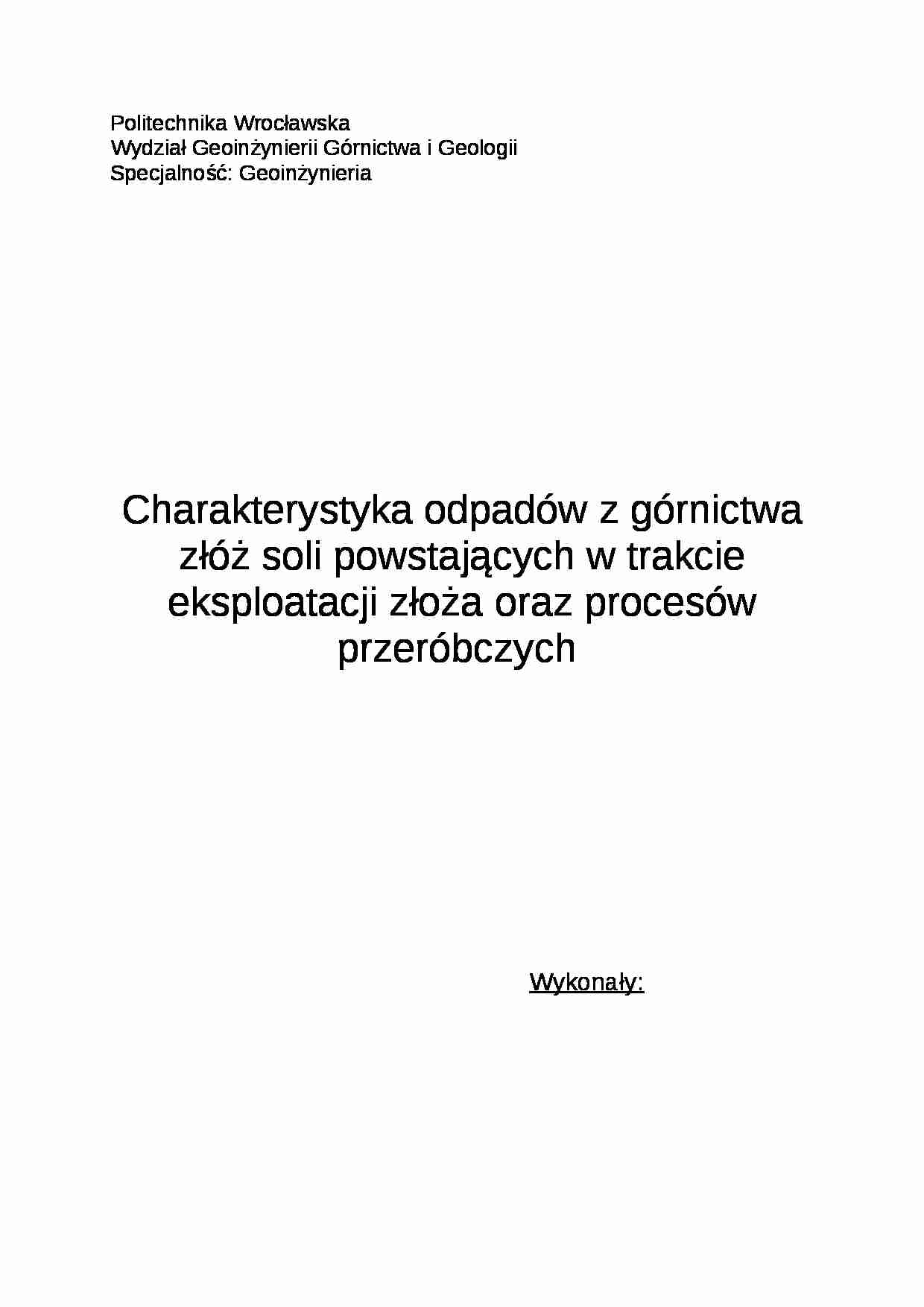 Charakterystyka odpadów z eksploatacji i przeróbki soli - strona 1