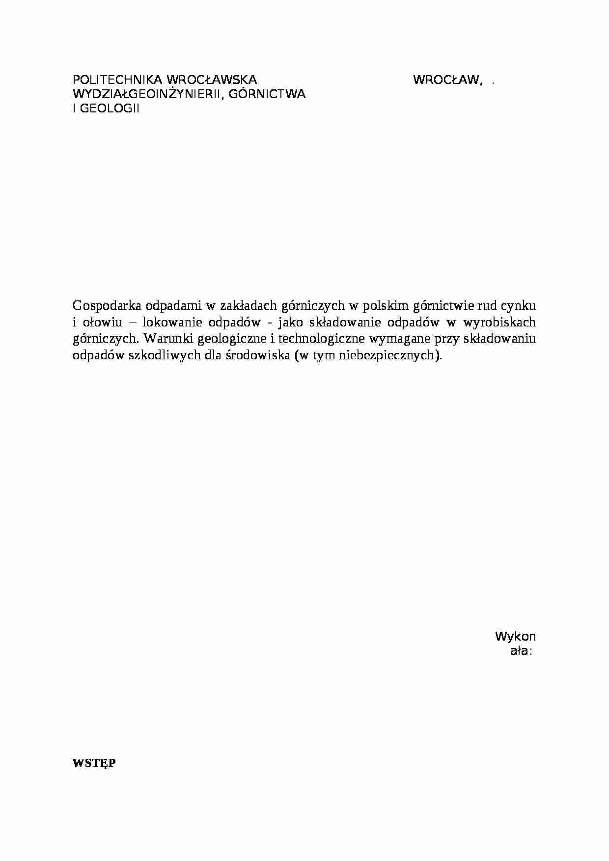 Gospodarka odpadami w zakładach górniczych - omówienie  - Ołów - strona 1