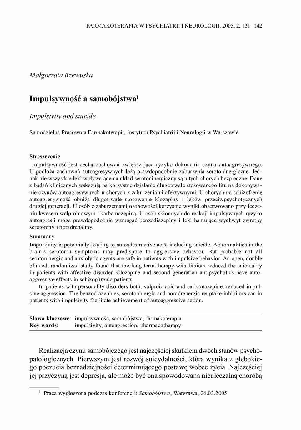 Impulsywność a samobójstwa- opracowanie - strona 1