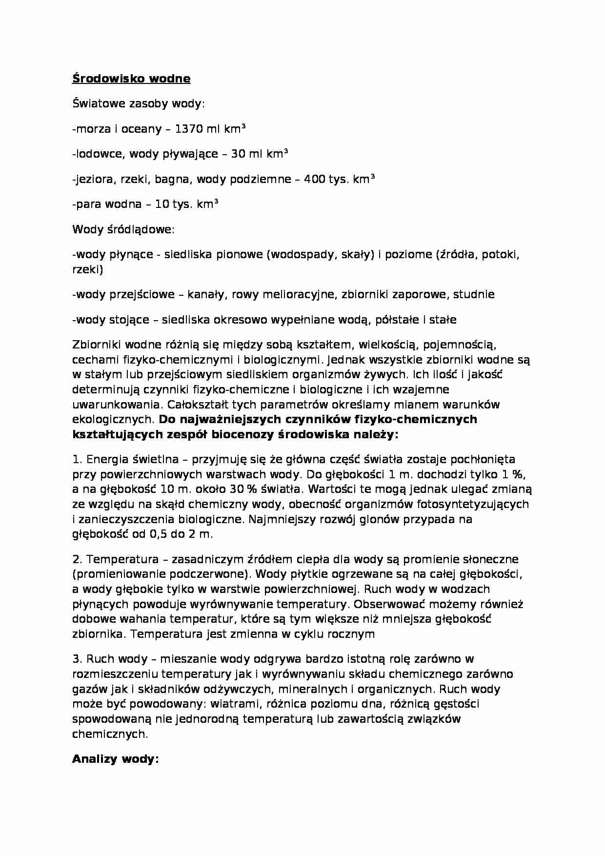 Środowisko wodne- opracowanie - strona 1