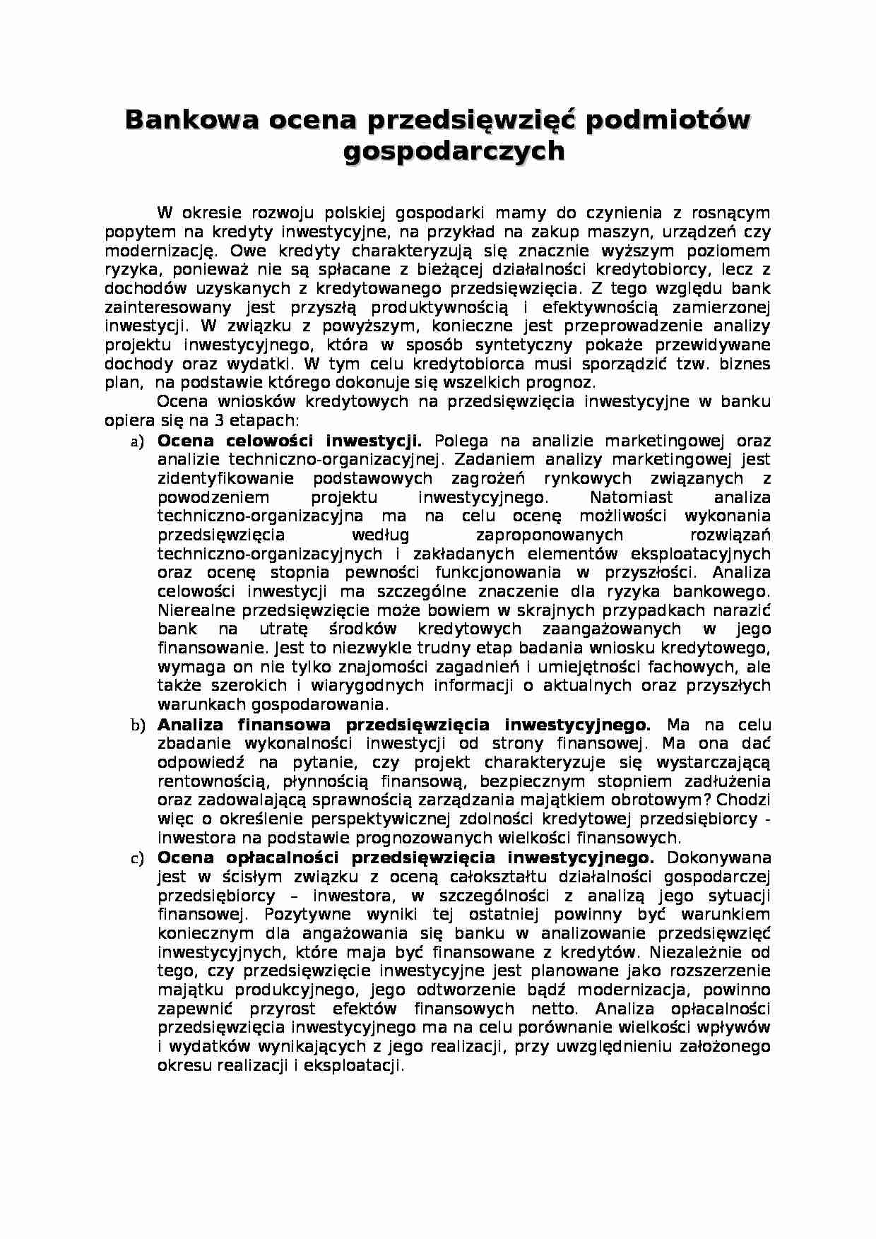Bankowa ocena przedsięwzięć podmiotów gospodarczych- opracowanie - strona 1
