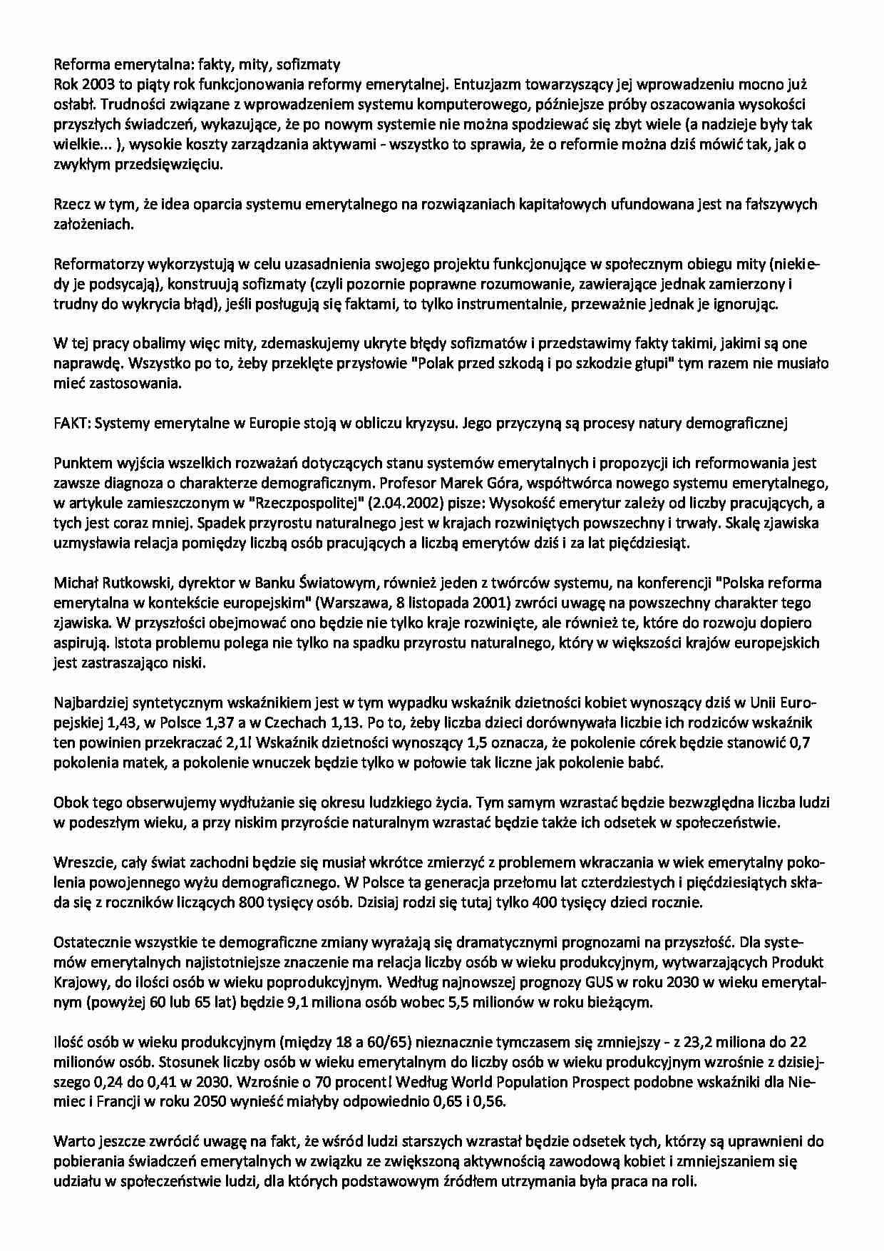 Reforma emerytalna- opracowanie - strona 1