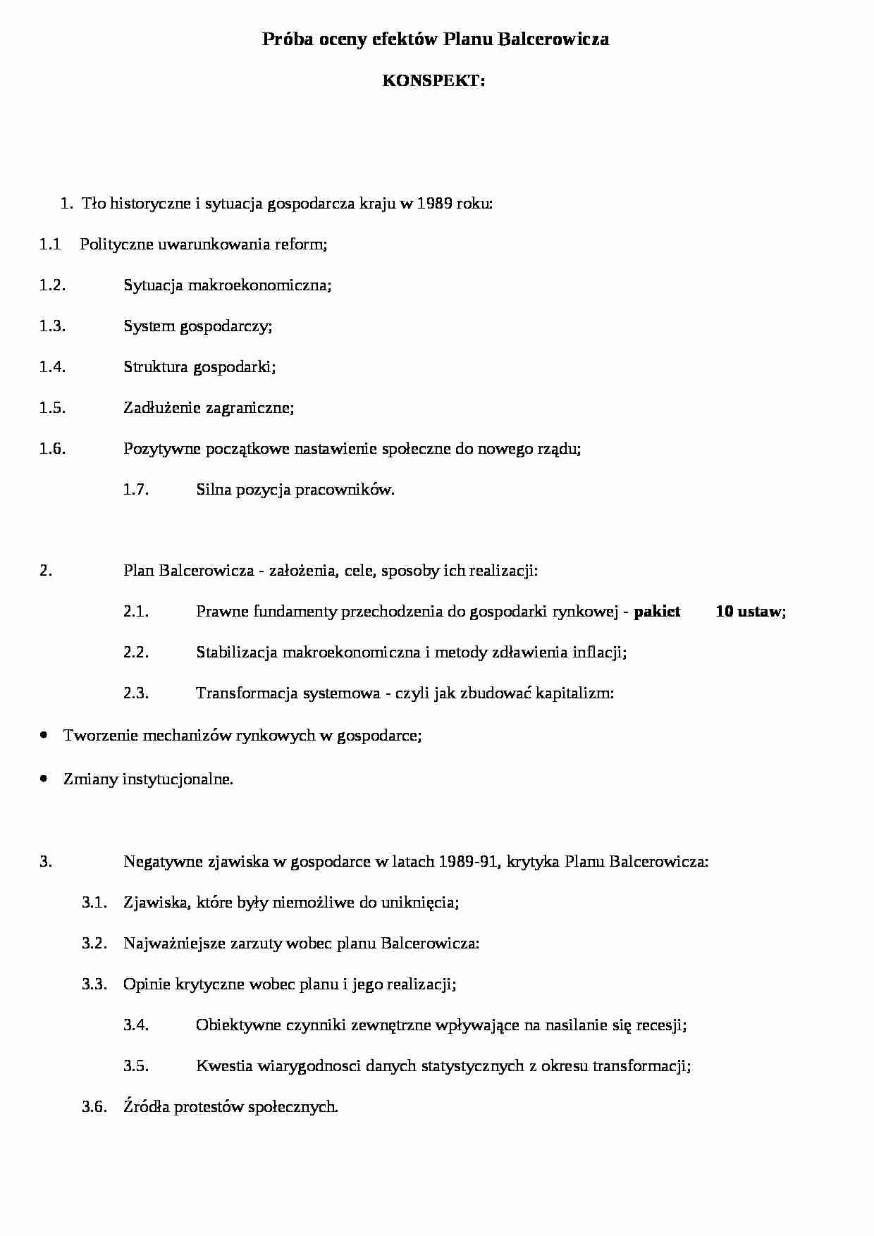 Próba oceny efektow Planu Balcerowicza- opracowanie - strona 1