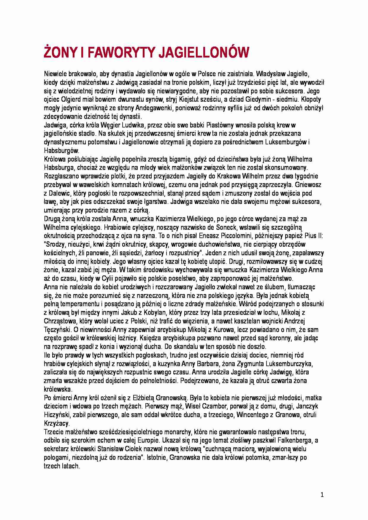 Żony i faworyty Jagiellonów - wykład - strona 1
