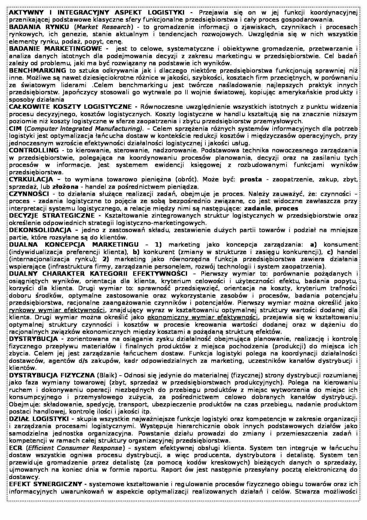 Logistyka - przykładowe definicje - strona 1