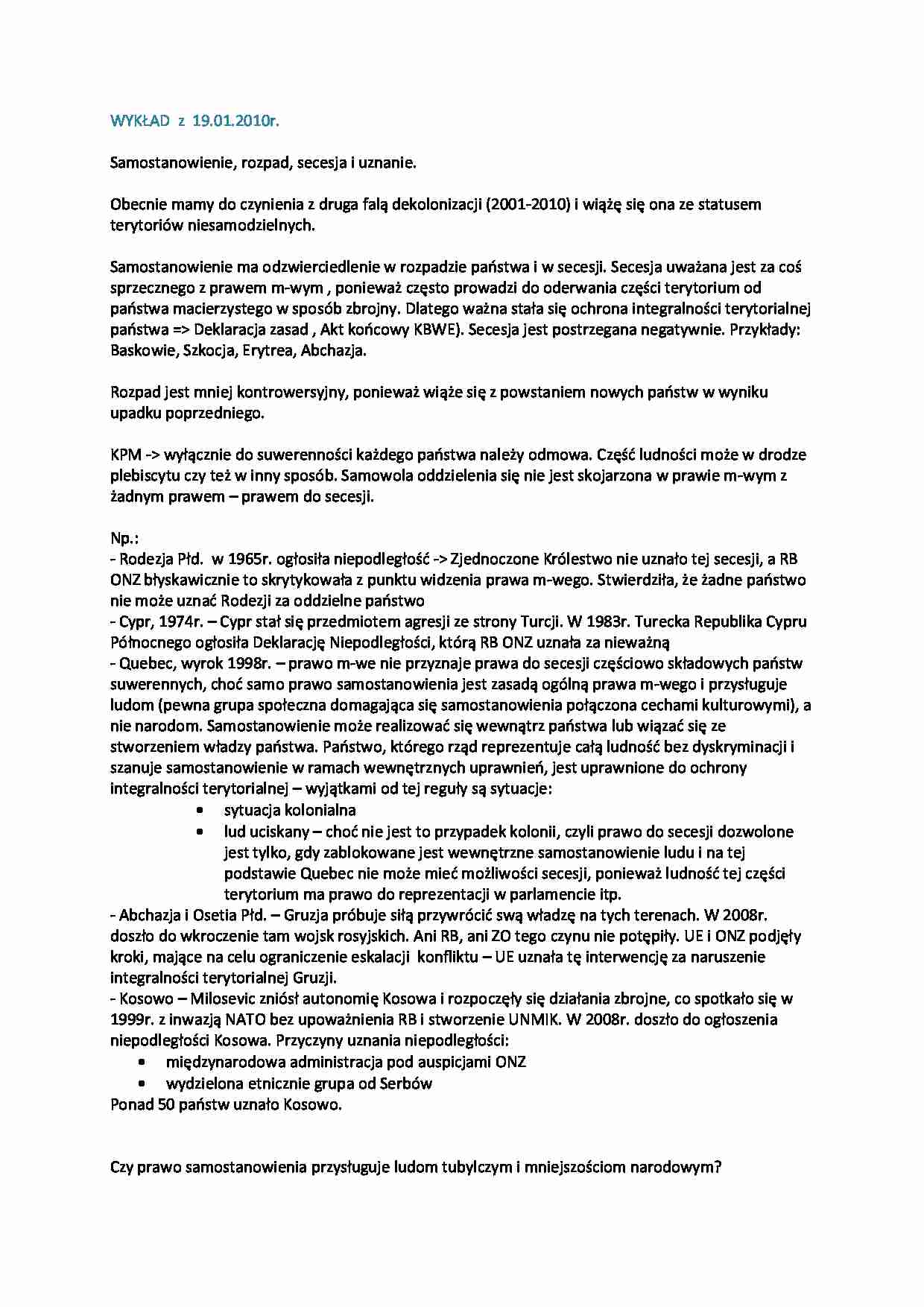 Samostanowienie, rozpad, secesja i uznanie - wykład - strona 1