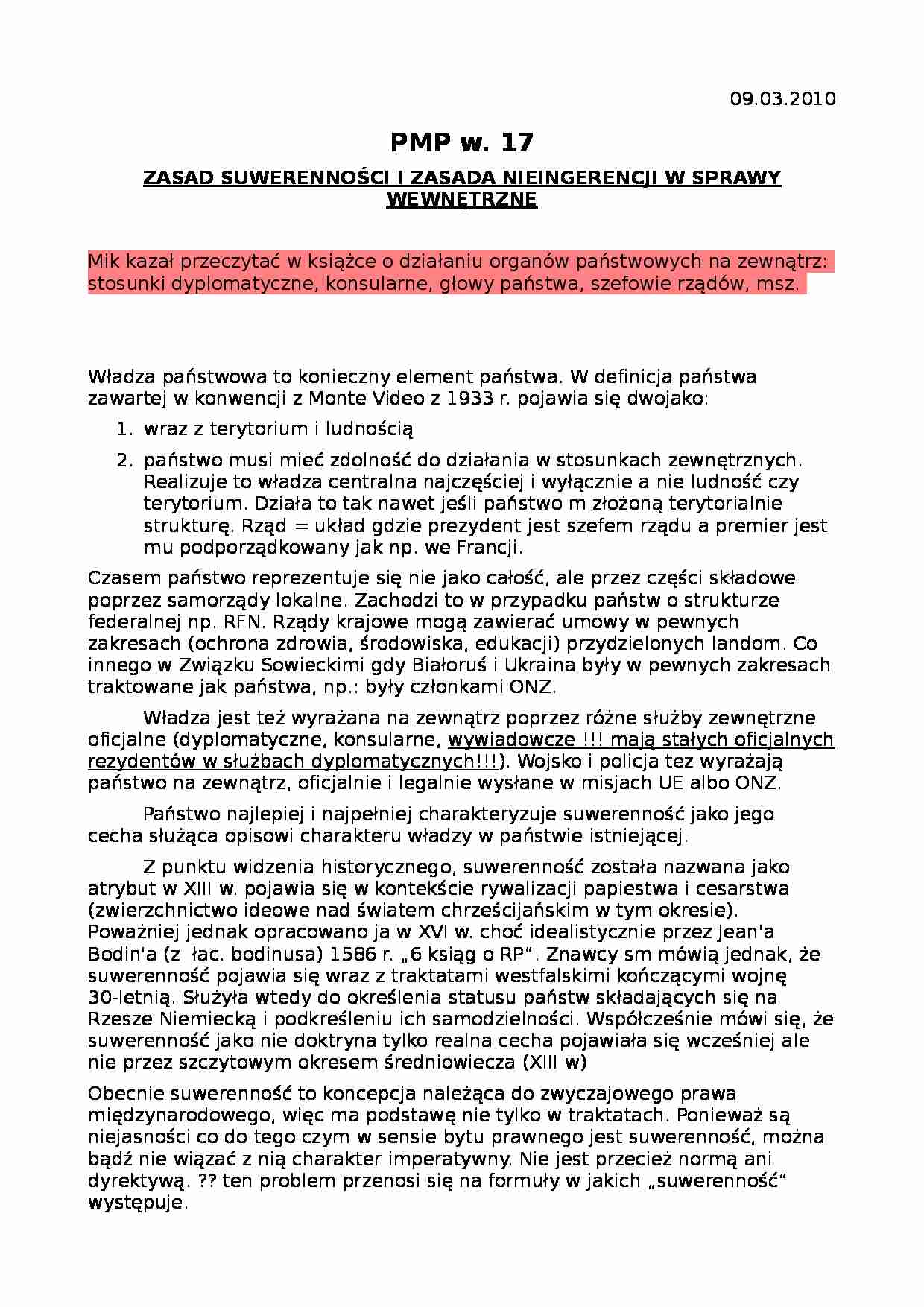 Zasada suwerenności i zasada nieingerencji w prawy wewnętrzne - wykład - strona 1