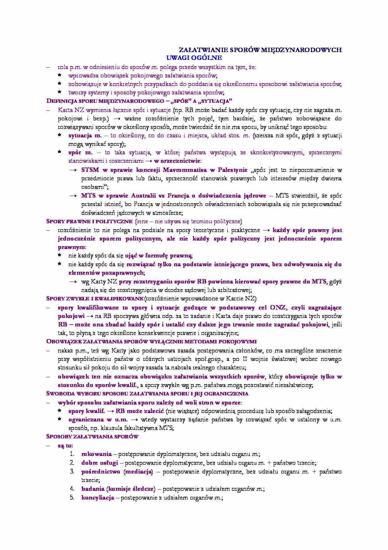 Załatwianie sporów międzynarodowych - wykład - strona 1