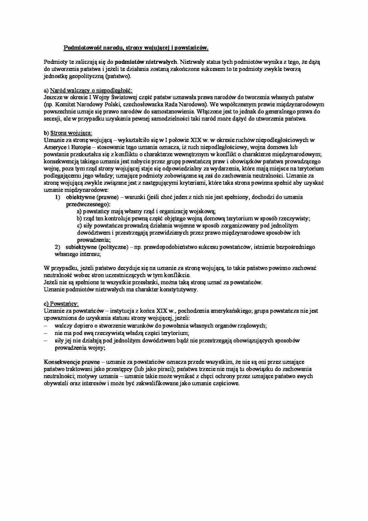 Wykład - Podmiotowość narodu, strony wojującej i powstańców - strona 1