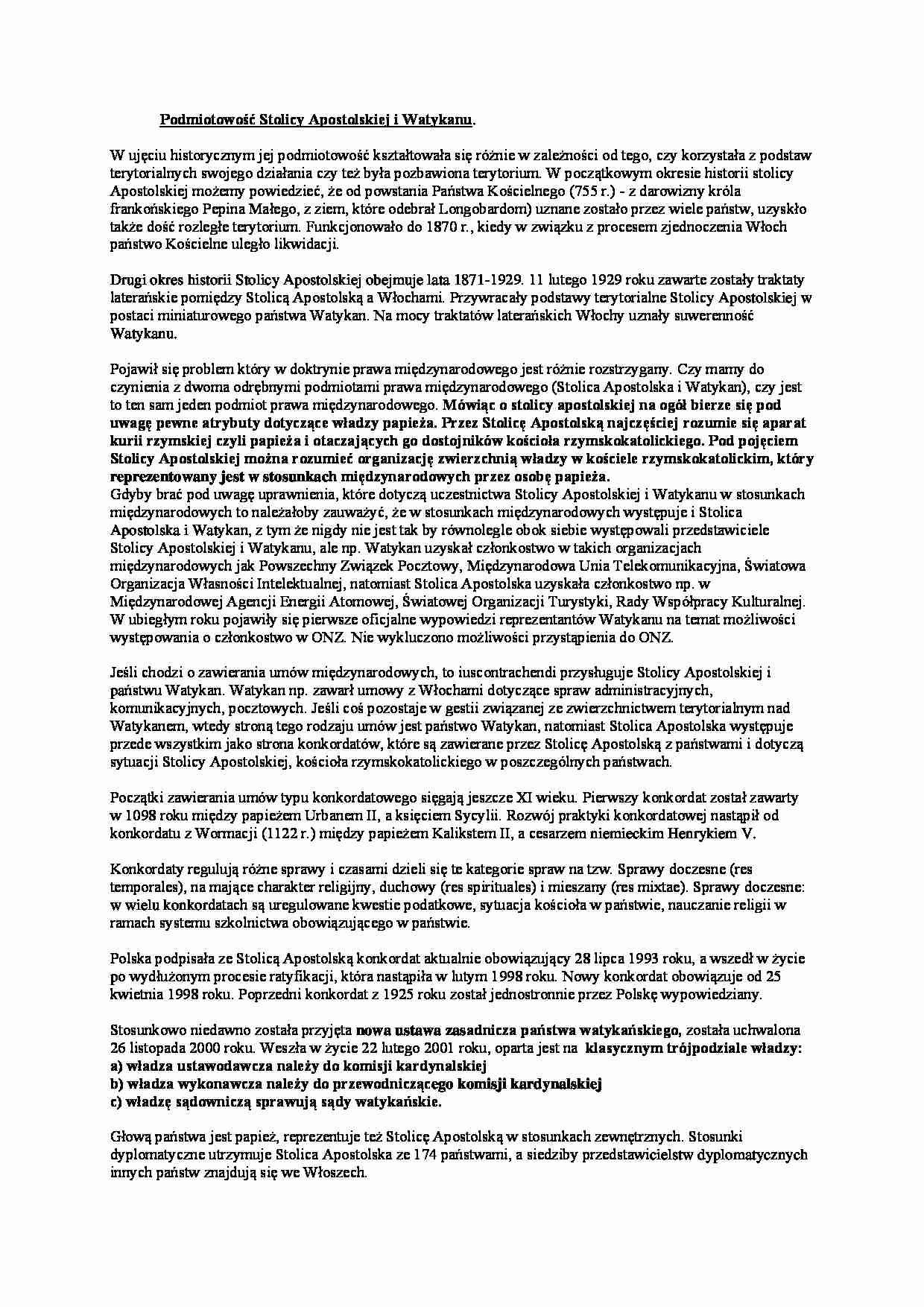 Wykład - Podmiotowość Stolicy Apostolskiej i Watykanu - strona 1