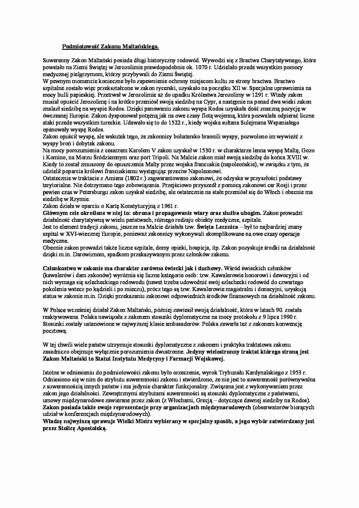 Wykład - Podmiotowość Zakonu Maltańskiego - strona 1