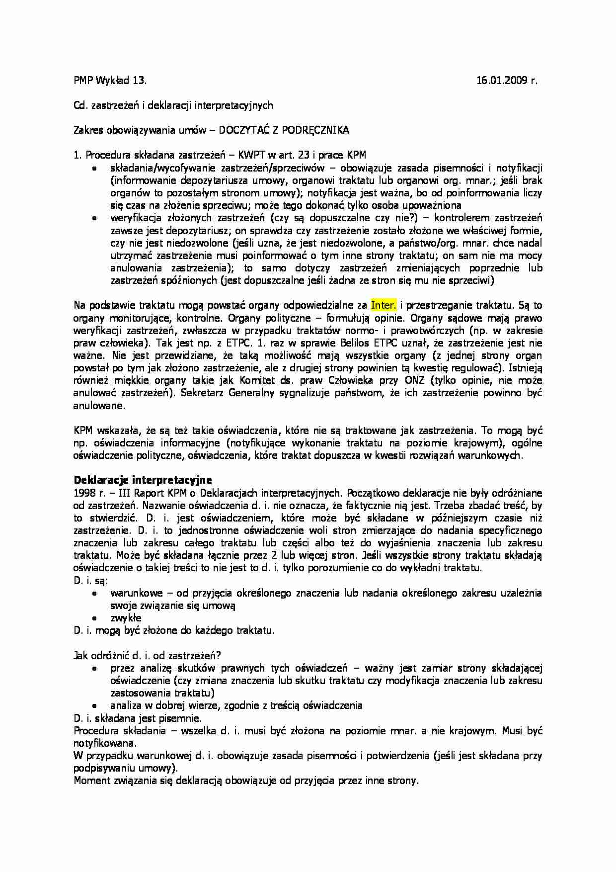 Prawo międzynarodowe publiczne - wykład - Deklaracje interpretacyjne - strona 1