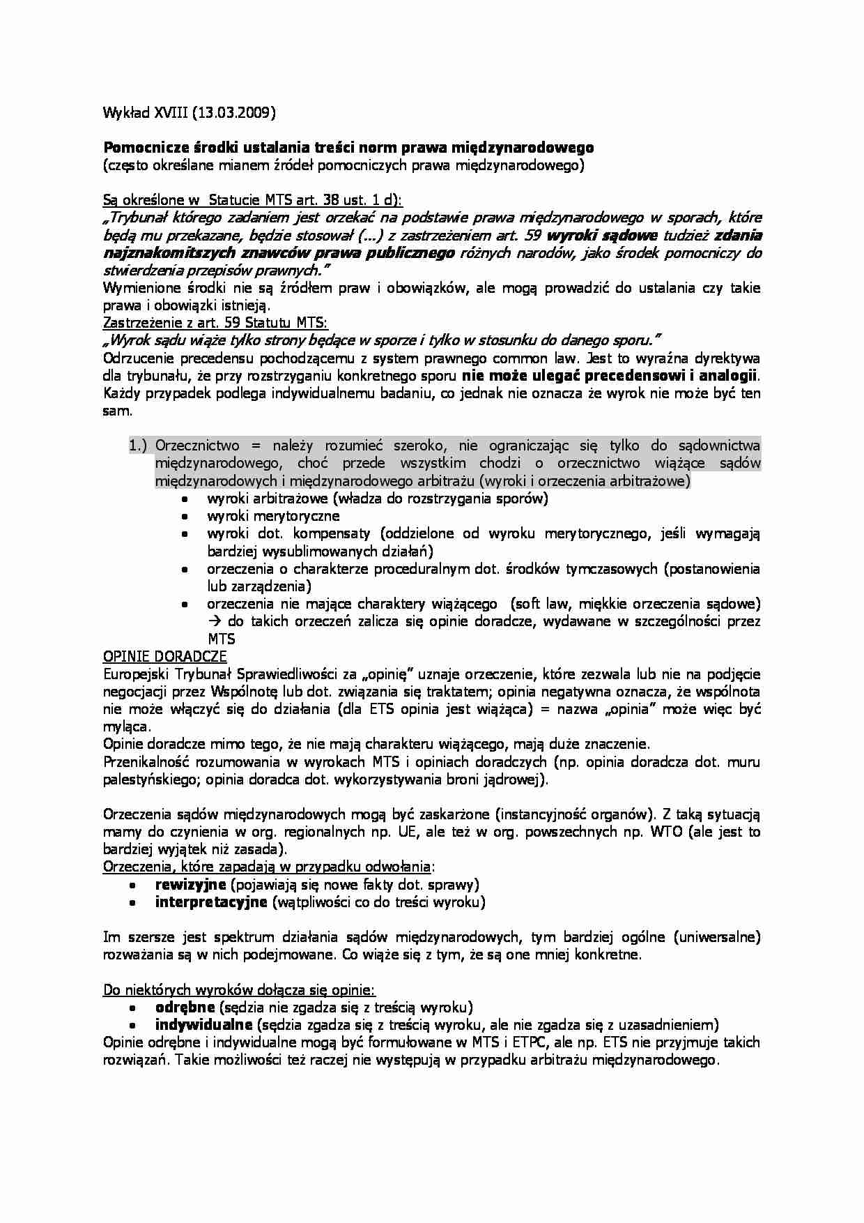 Wykład - Pomocnicze środki ustalania treści norm prawa międzynarodowego - strona 1