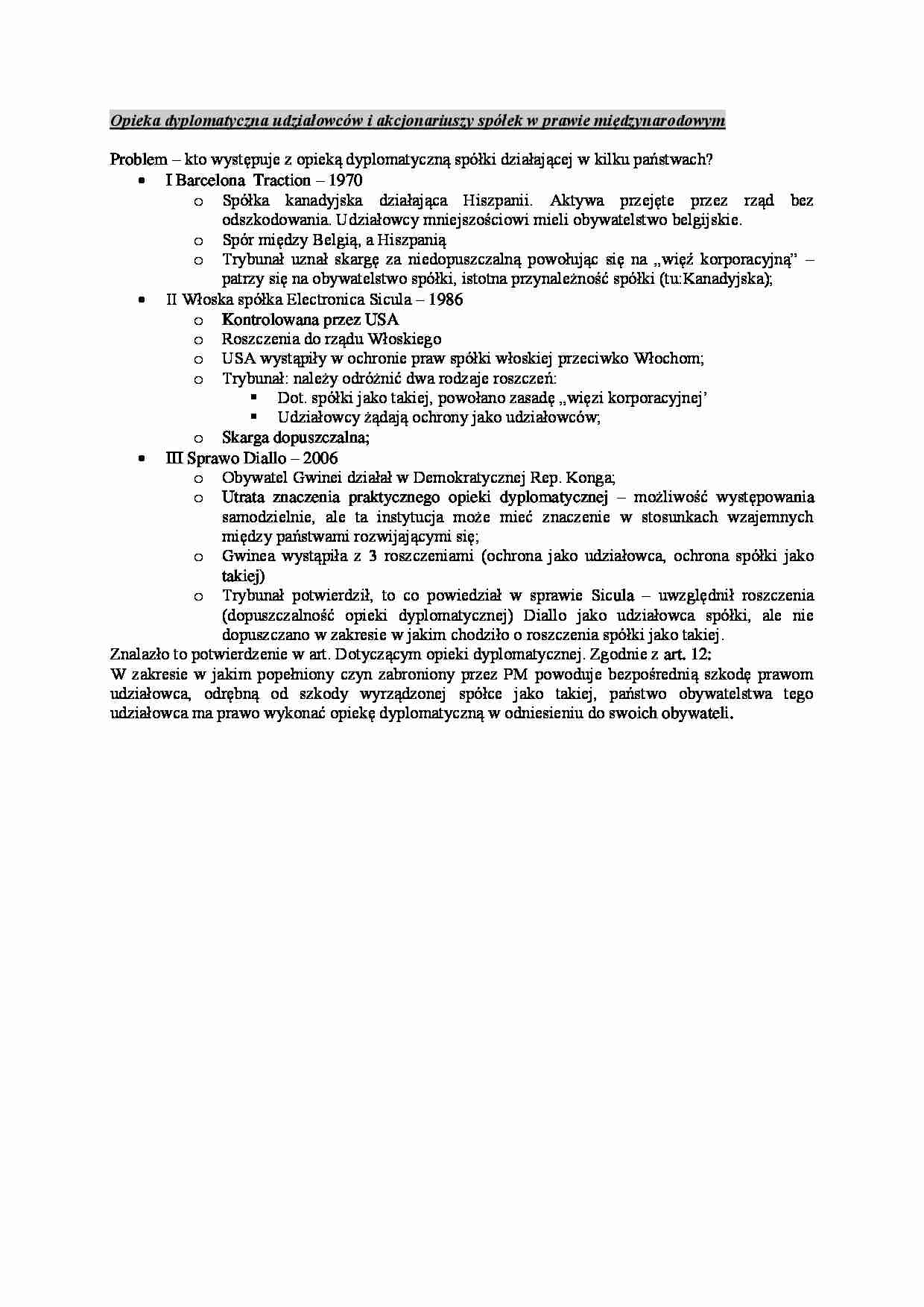 wykład - Opieka dyplomatyczna udziałowców i akcjonariuszy spółek - strona 1