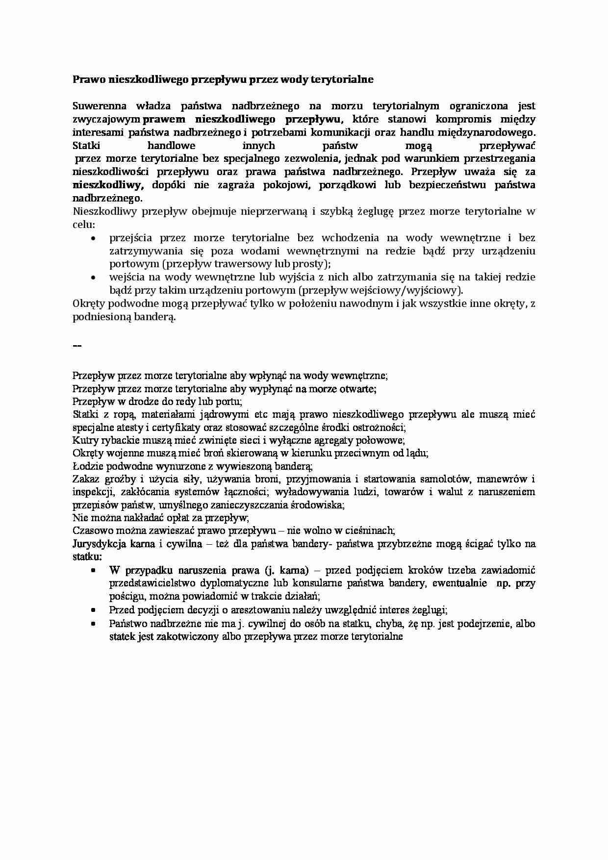 Wykład - Prawo nieszkodliwego przepływu przez wody terytorialne - strona 1