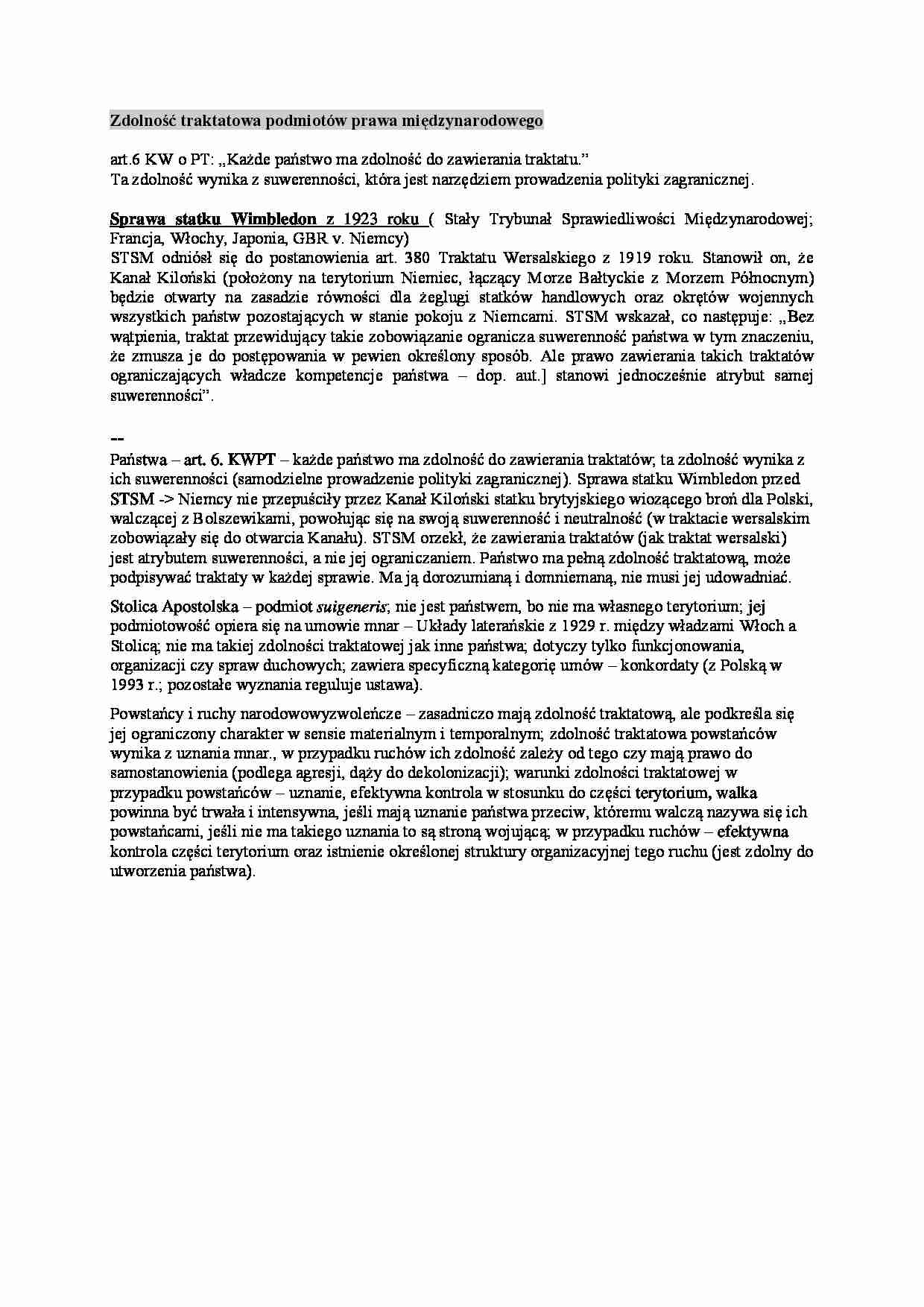 Wykład - Zdolność traktatowa podmiotów prawa międzynarodowego - strona 1