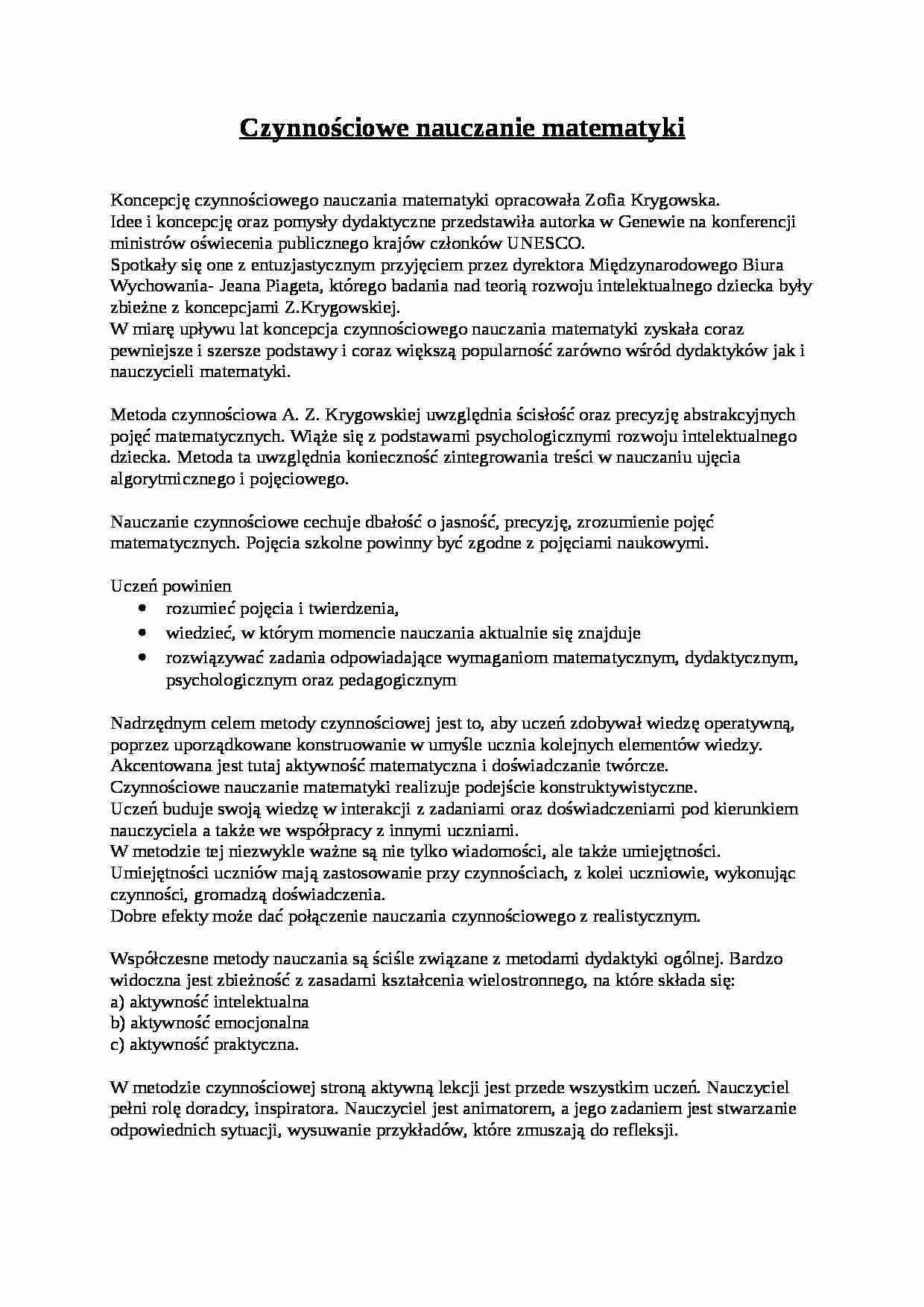 Czynnościowe nauczanie matematyki - referat - strona 1