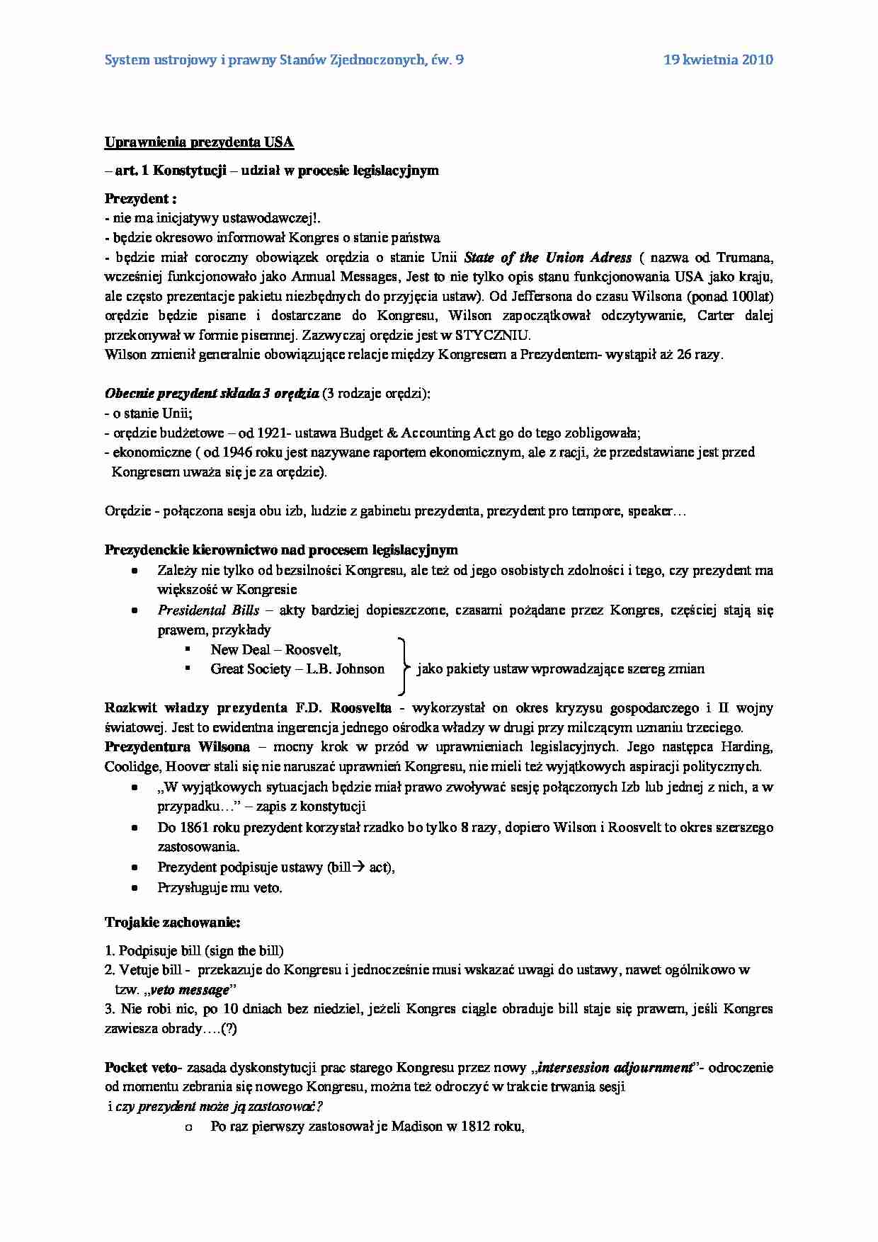 Uprawnienia prezydenta USA - wykład - strona 1