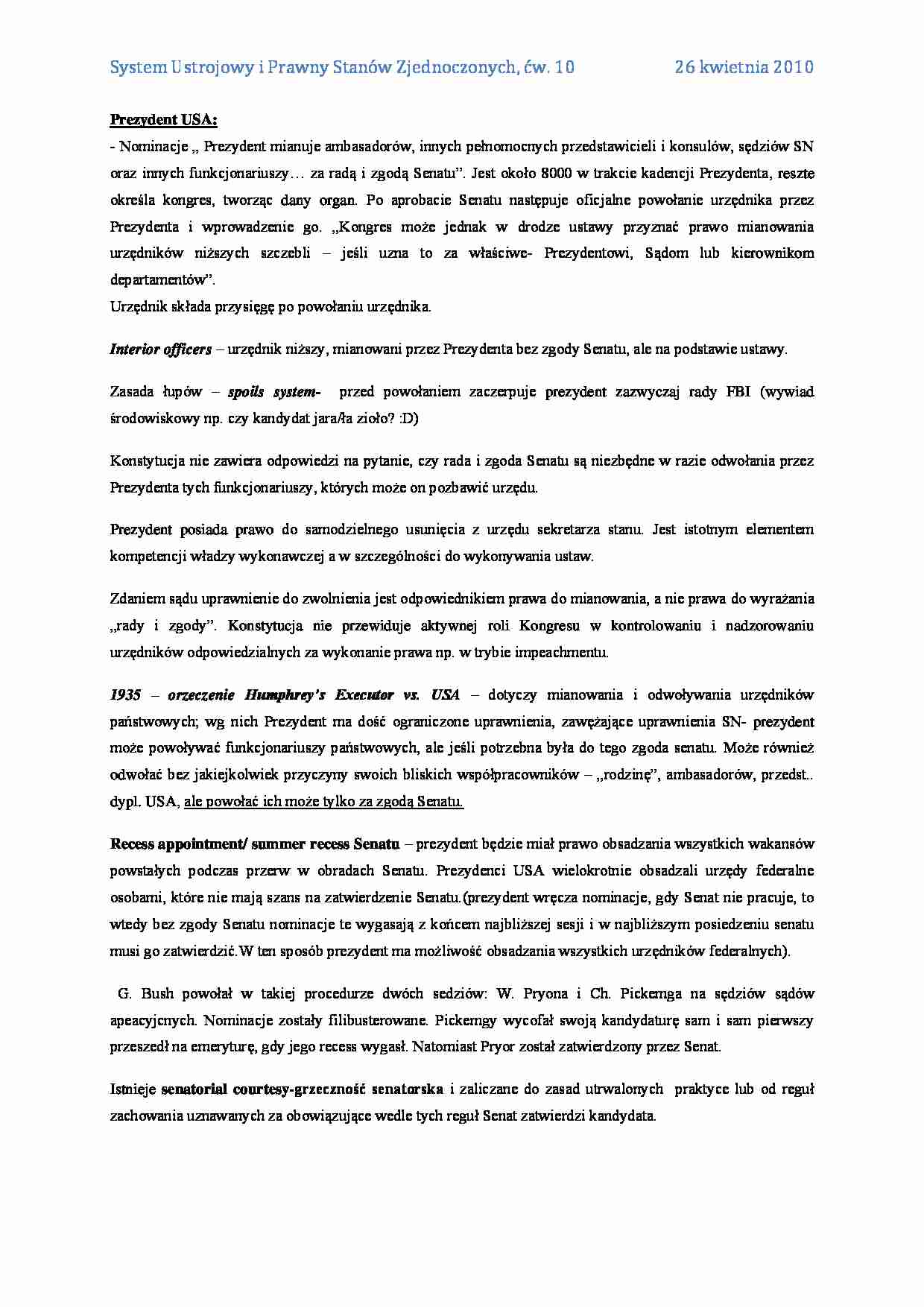 Uprawnienia prezydenta USA - wykład - strona 1