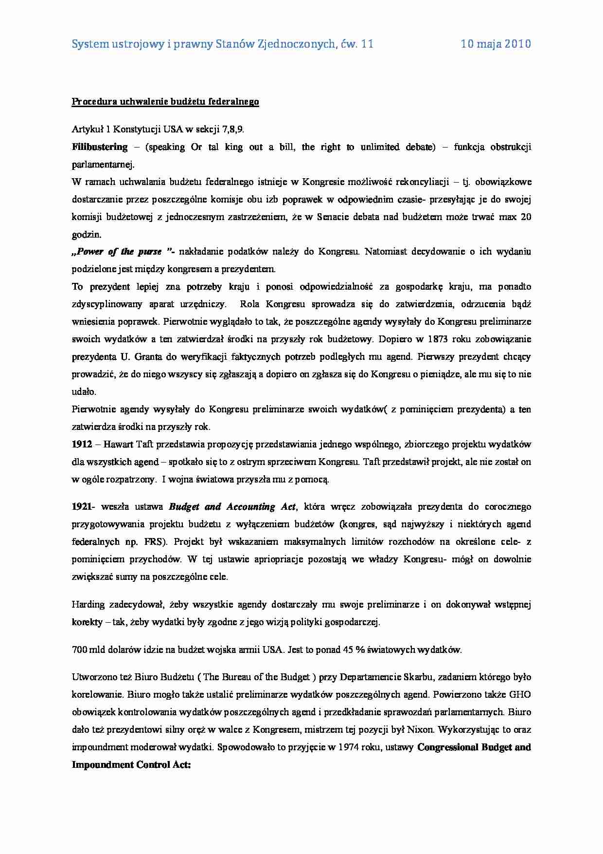 Procedura uchwalenie budżetu federalnego - wykład - strona 1