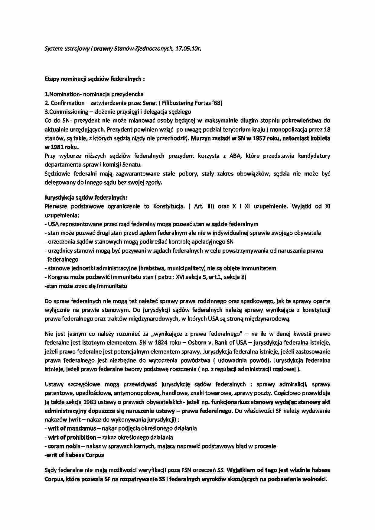 System ustrojowy i prawny Stanów Zjednoczonych - wykład - strona 1