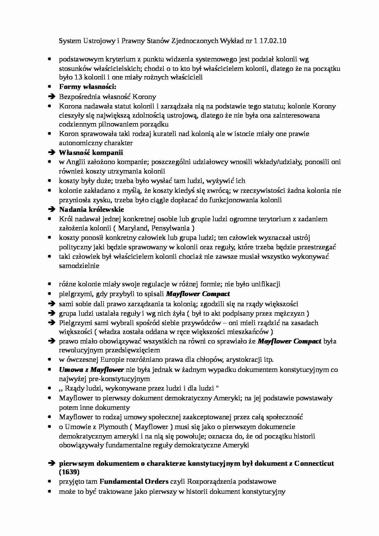 System Ustrojowy i Prawny Stanów Zjednoczonych - wykład - strona 1