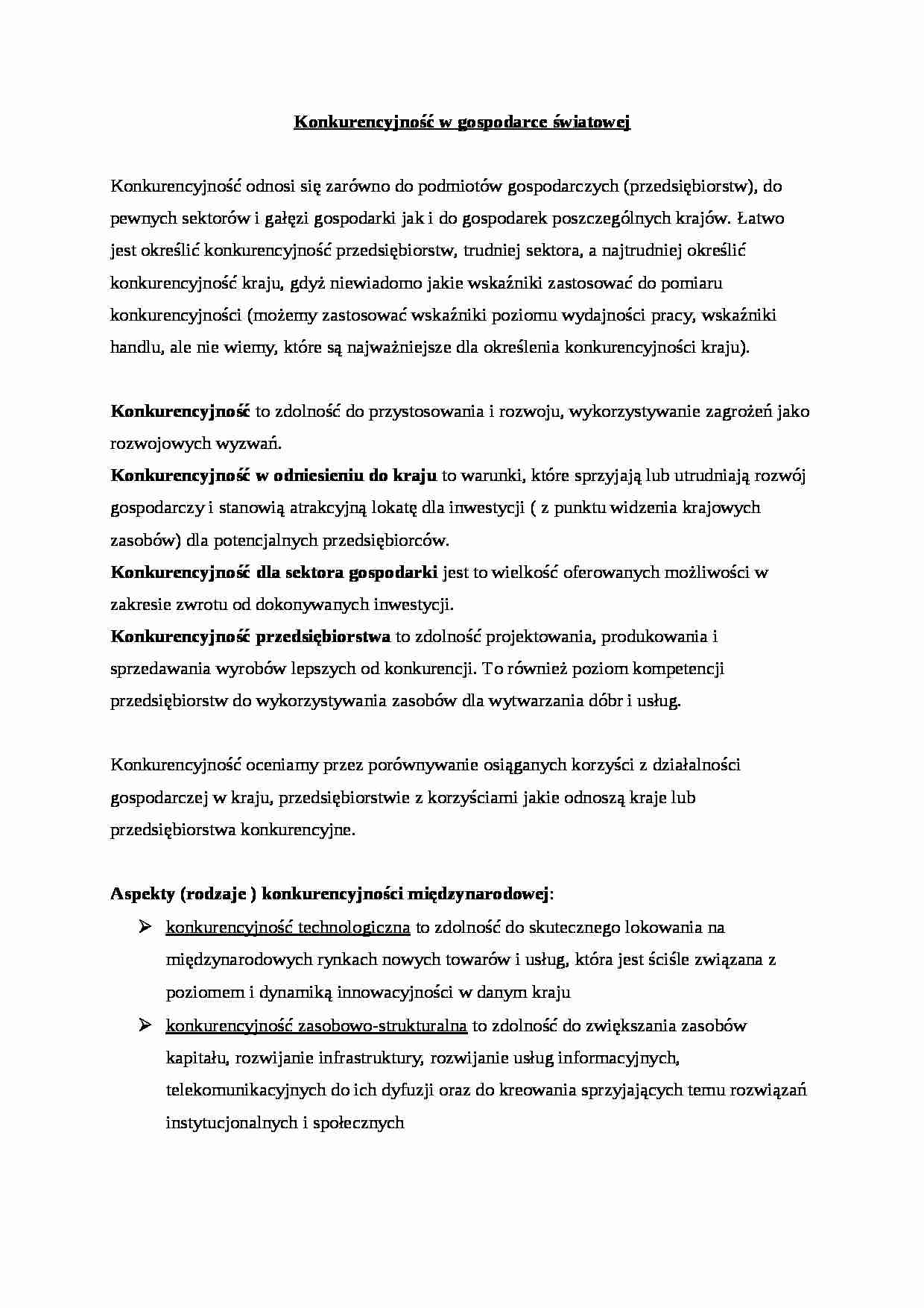 Konkurencyjność w gospodarce światowej- opracowanie - strona 1