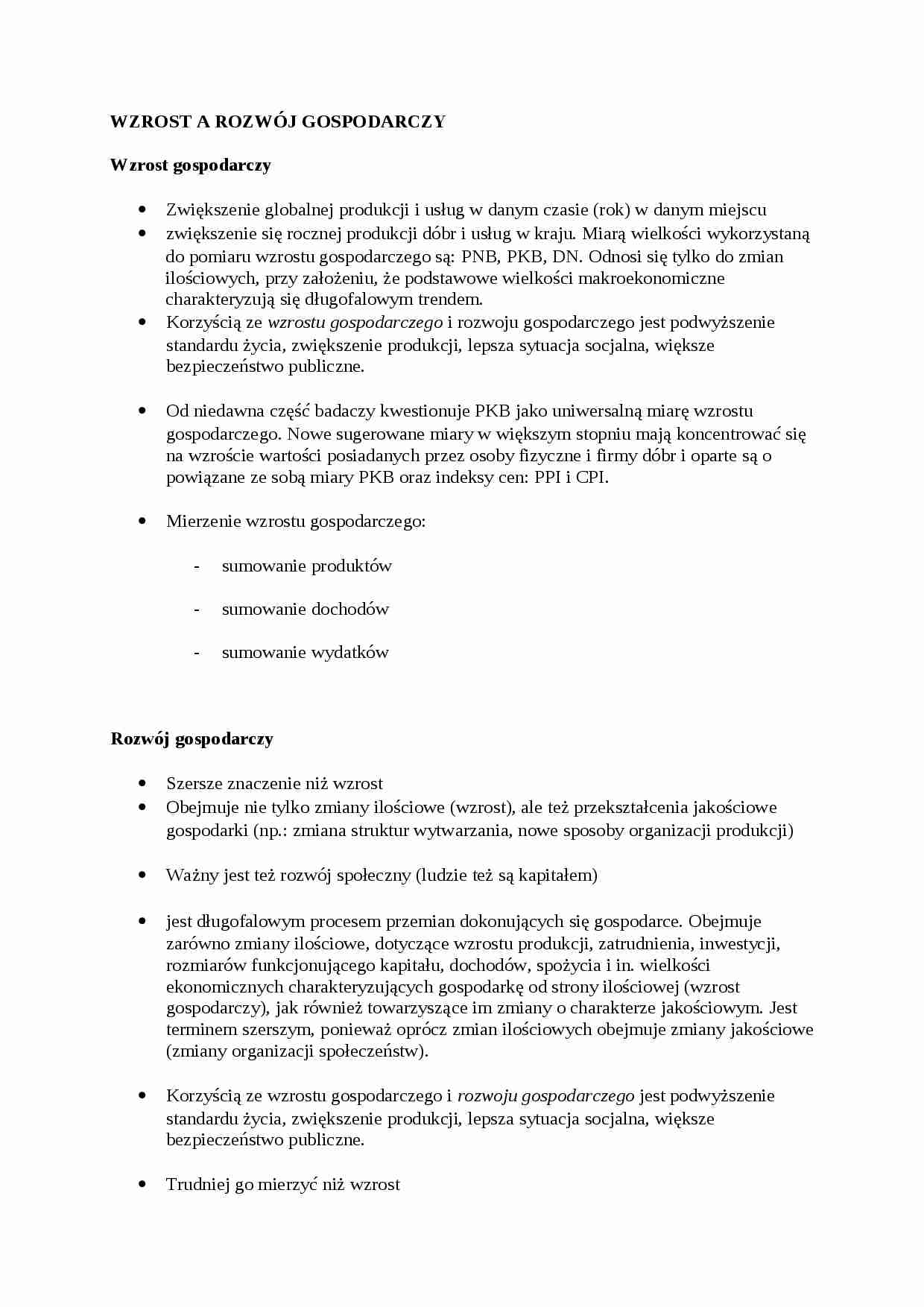 Wzrost a rozwój gospodarczy- opracowanie - strona 1