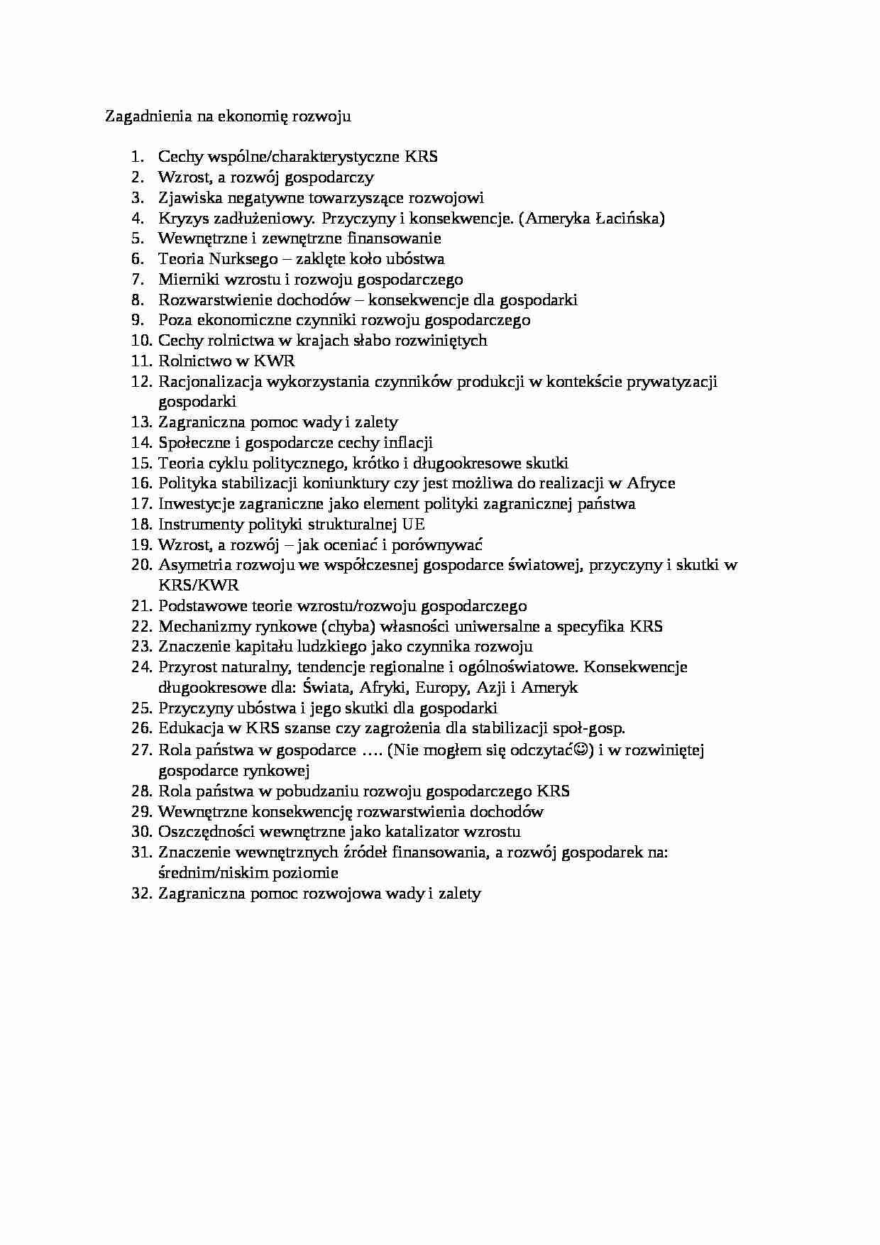 Zagadnienia na ekonomię rozwoju- opracowanie - strona 1