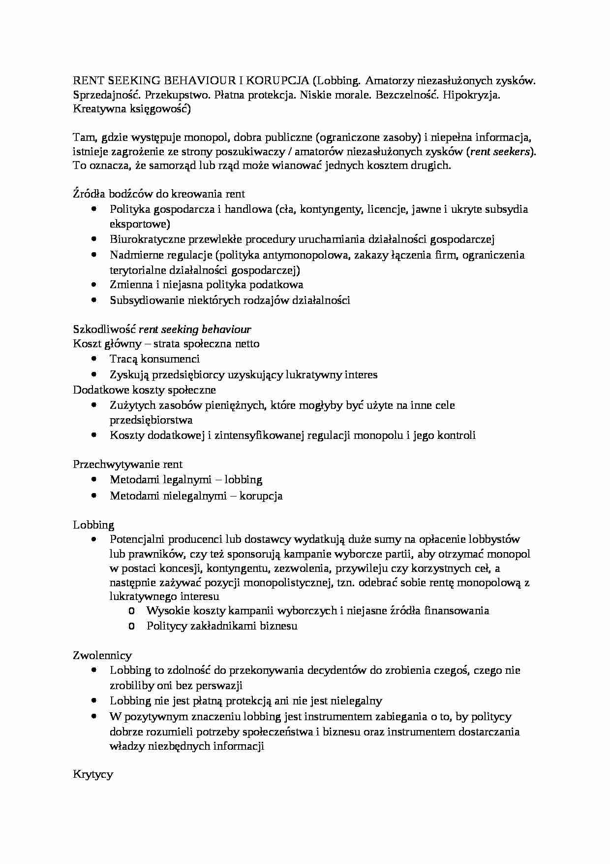 Rent seeking behaviour i korupcja- opracowanie - strona 1