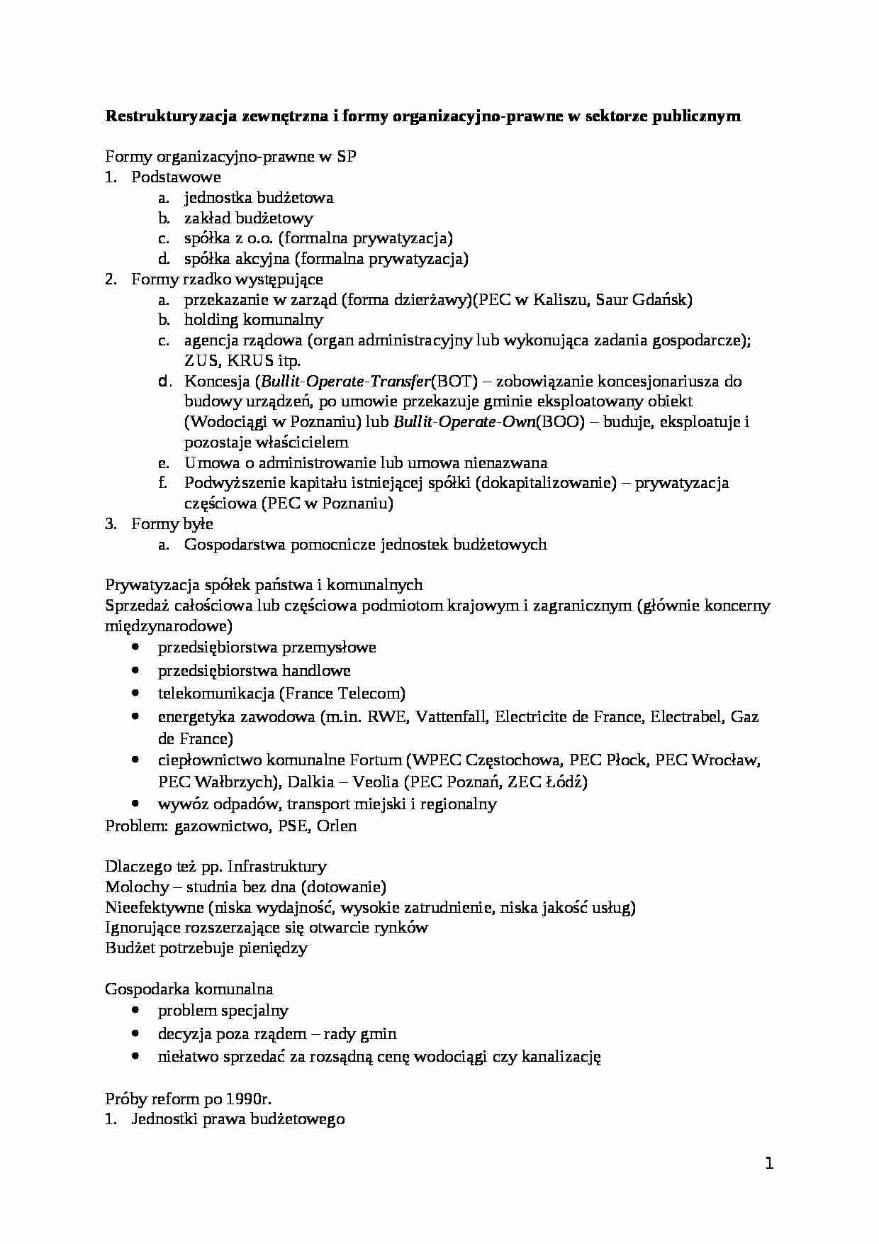 Restrukturyzacja zewnętrzna i formy organizacyjno- prawne w sektorze publicznym - strona 1