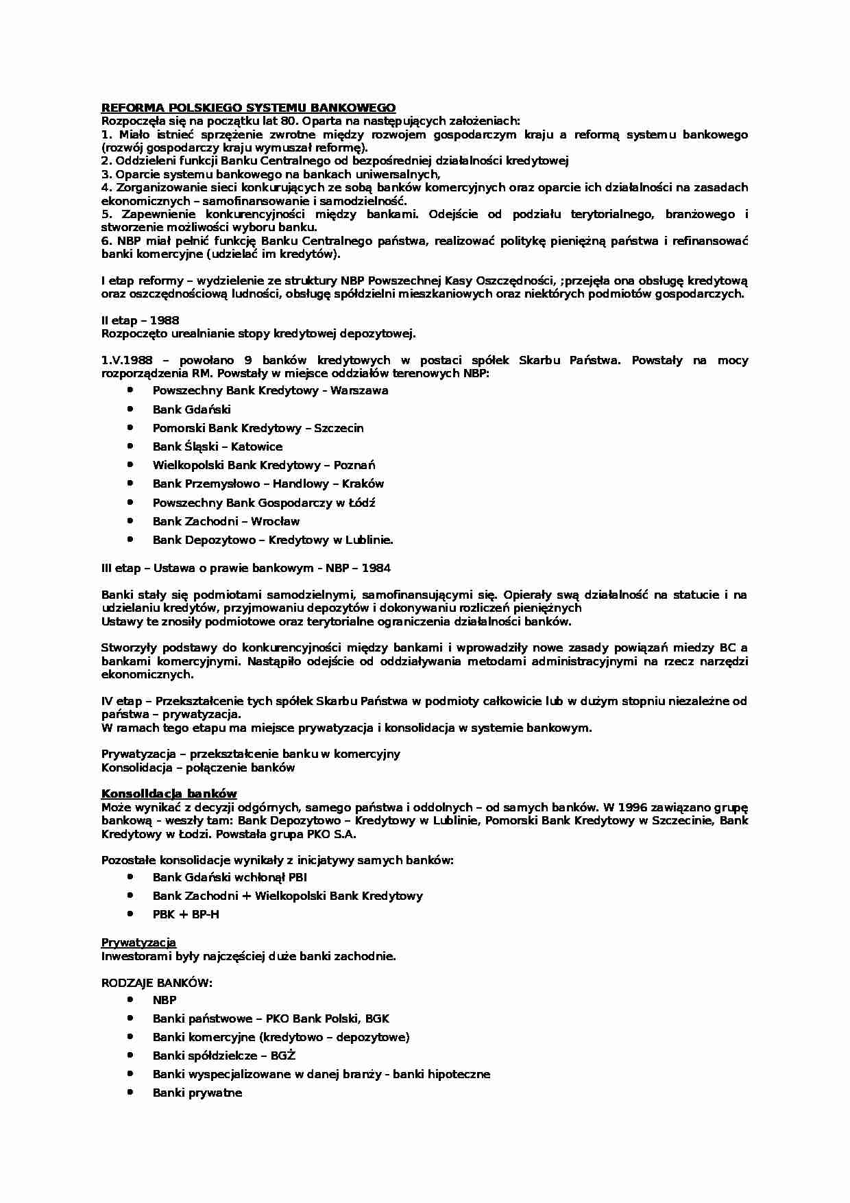 Reforma Polskiego Systemu Bankowego- opracowanie - strona 1