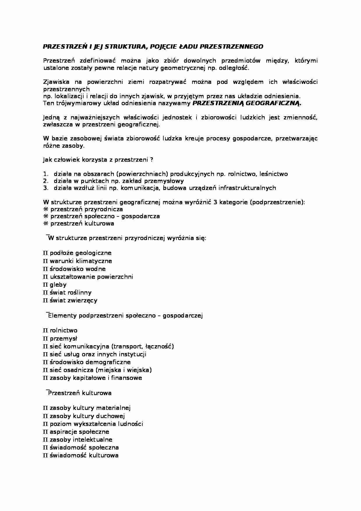 Przestrzeń i jej struktura, pojęcie ładu przestrzennego- opracowanie - strona 1