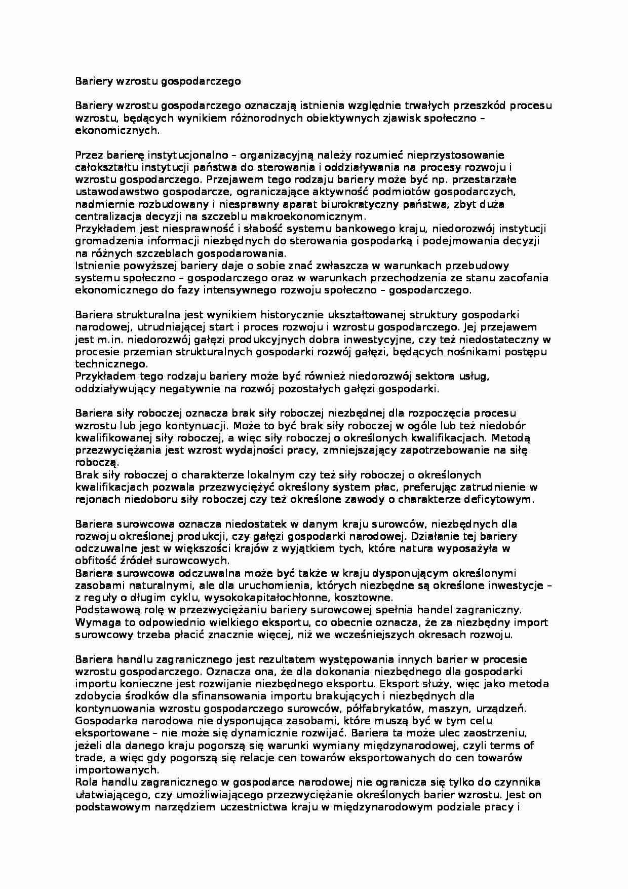Bariery wzrostu gospodarczego- opracowanie - strona 1