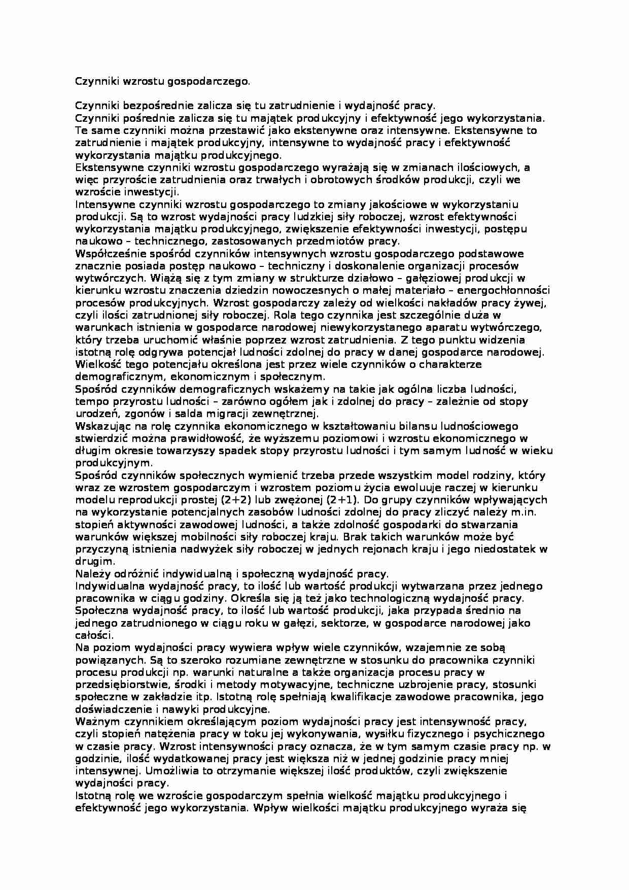 Czynniki wzrostu gospodarczego- opracowanie - strona 1