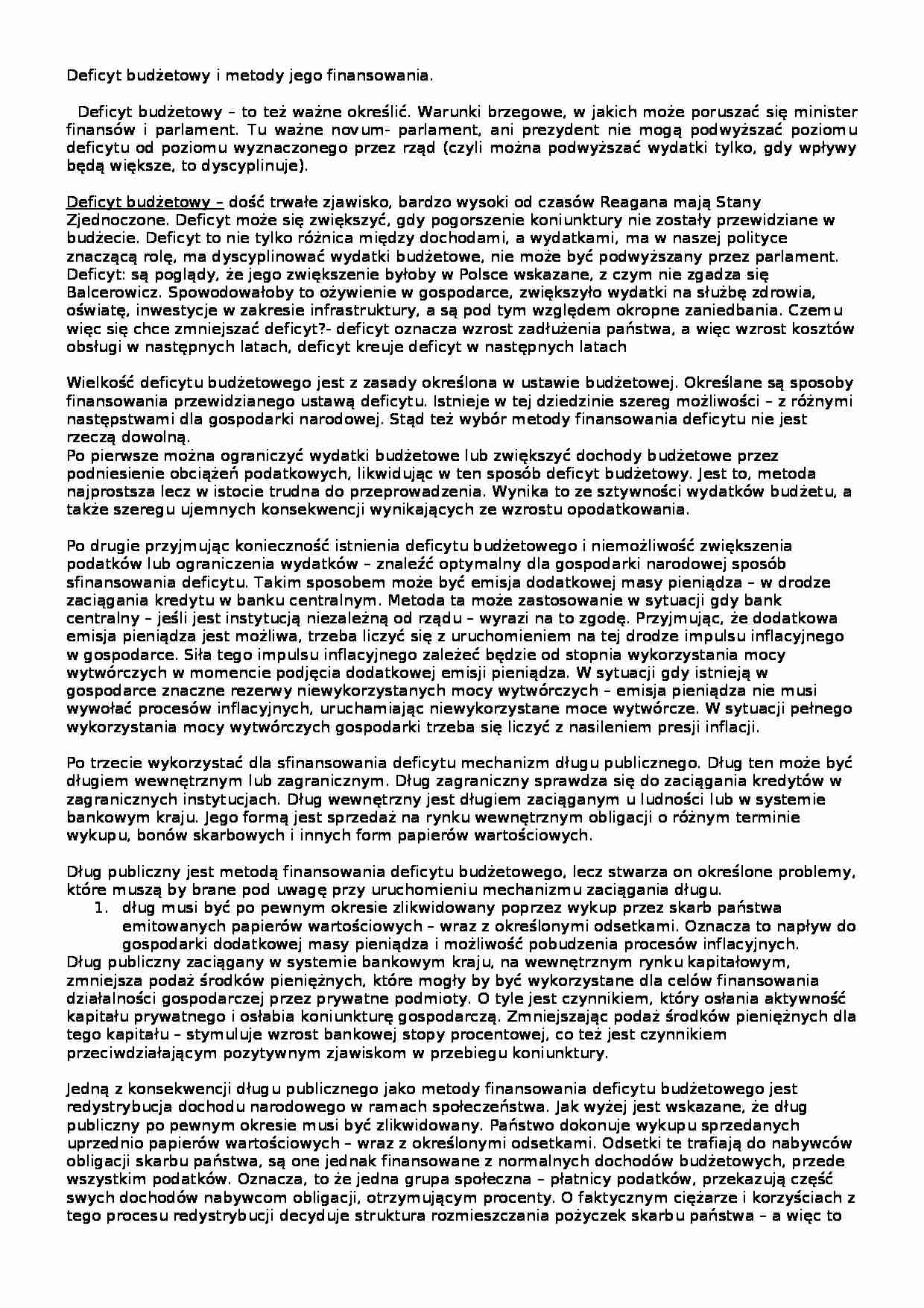 Deficyt budżetowy i metody jego finansowania- opracowanie - strona 1