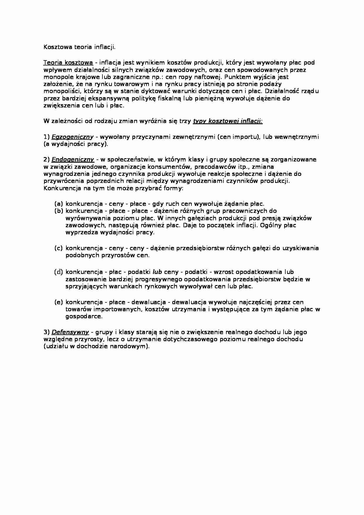 Kosztowa teoria inflacji- opracowanie - strona 1
