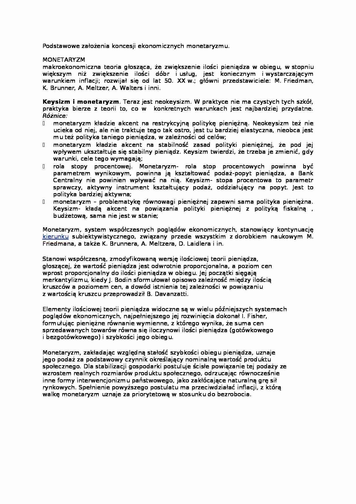 Podstawowe założenia koncesji ekonomicznych monetaryzmu - strona 1