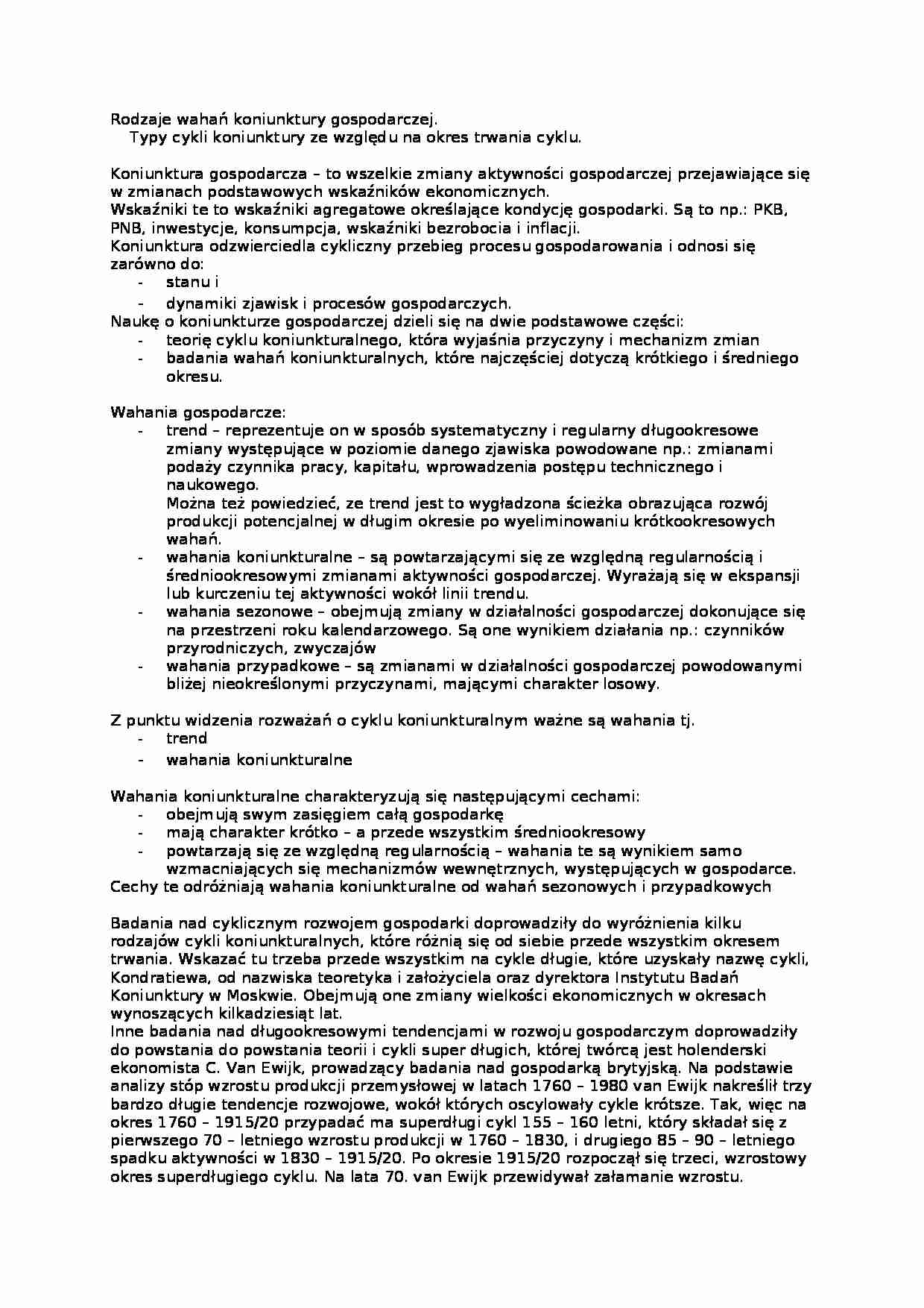 Rodzaje wahań koniunktury gospodarczej- opracowanie - strona 1