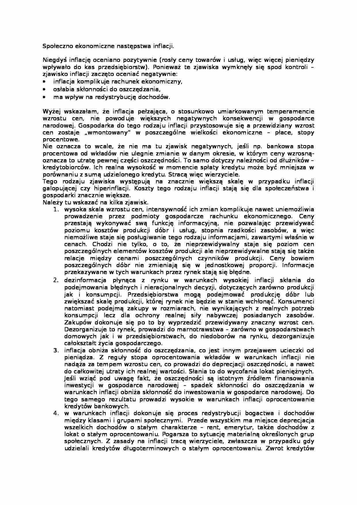 Społeczno ekonomiczne następstwa inflacji- opracowanie - strona 1