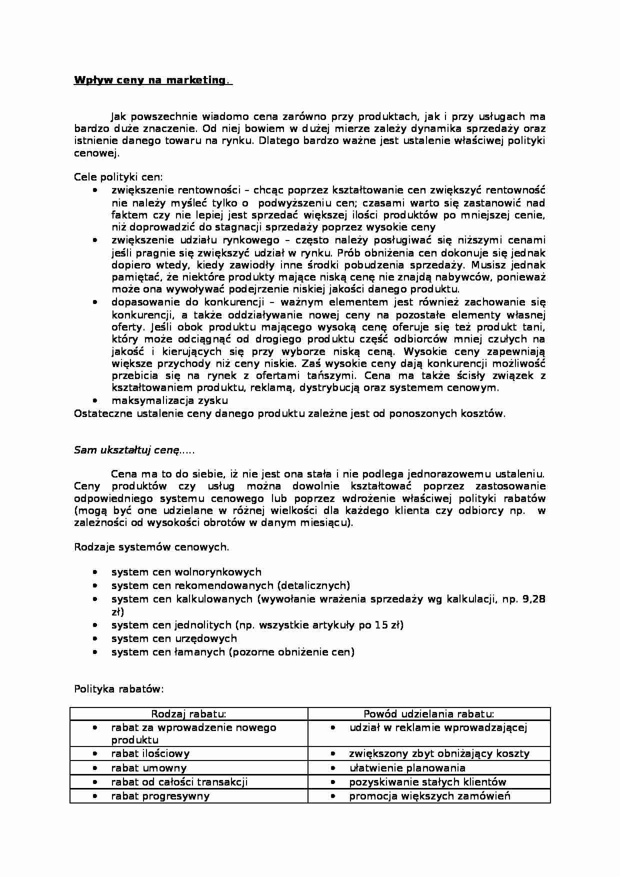 Wpływ ceny na marketing- opracowanie - strona 1