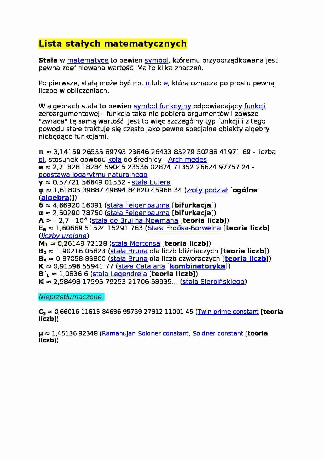 Lista stalych matematycznych - strona 1
