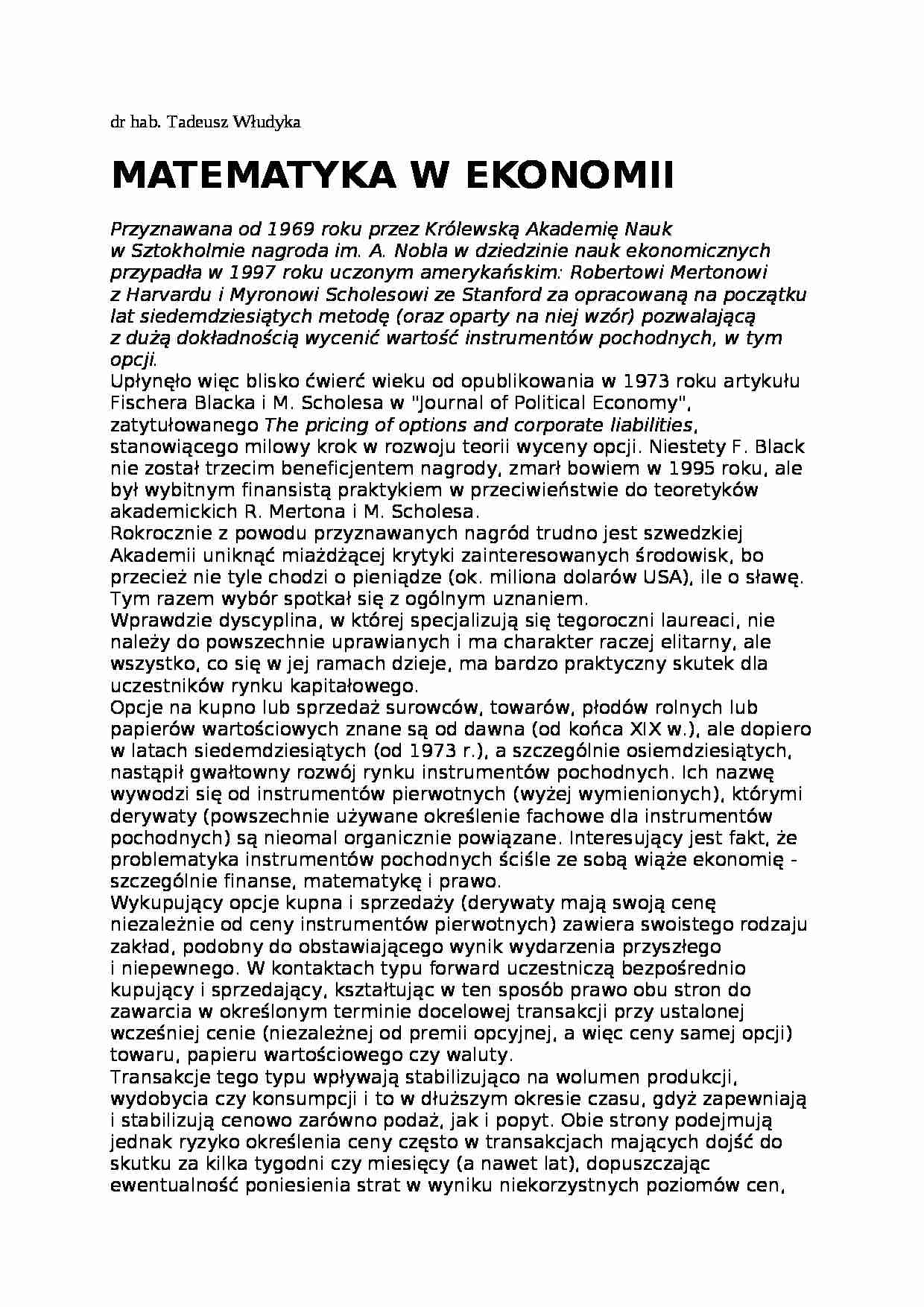 Matematyka w ekonomii- opracowanie - strona 1